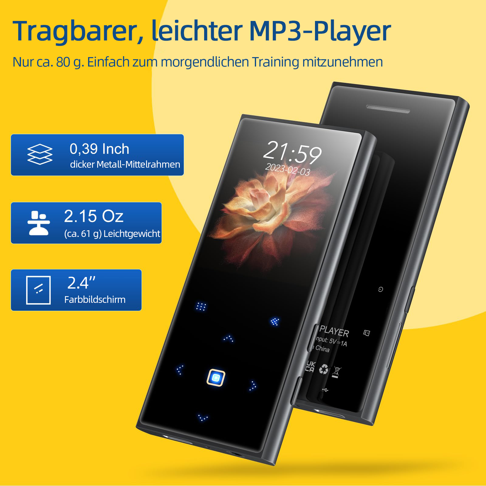 Schwarzer MP3-Player mit Farbbildschirm, Metallrahmen und Trainingsfunktionen.