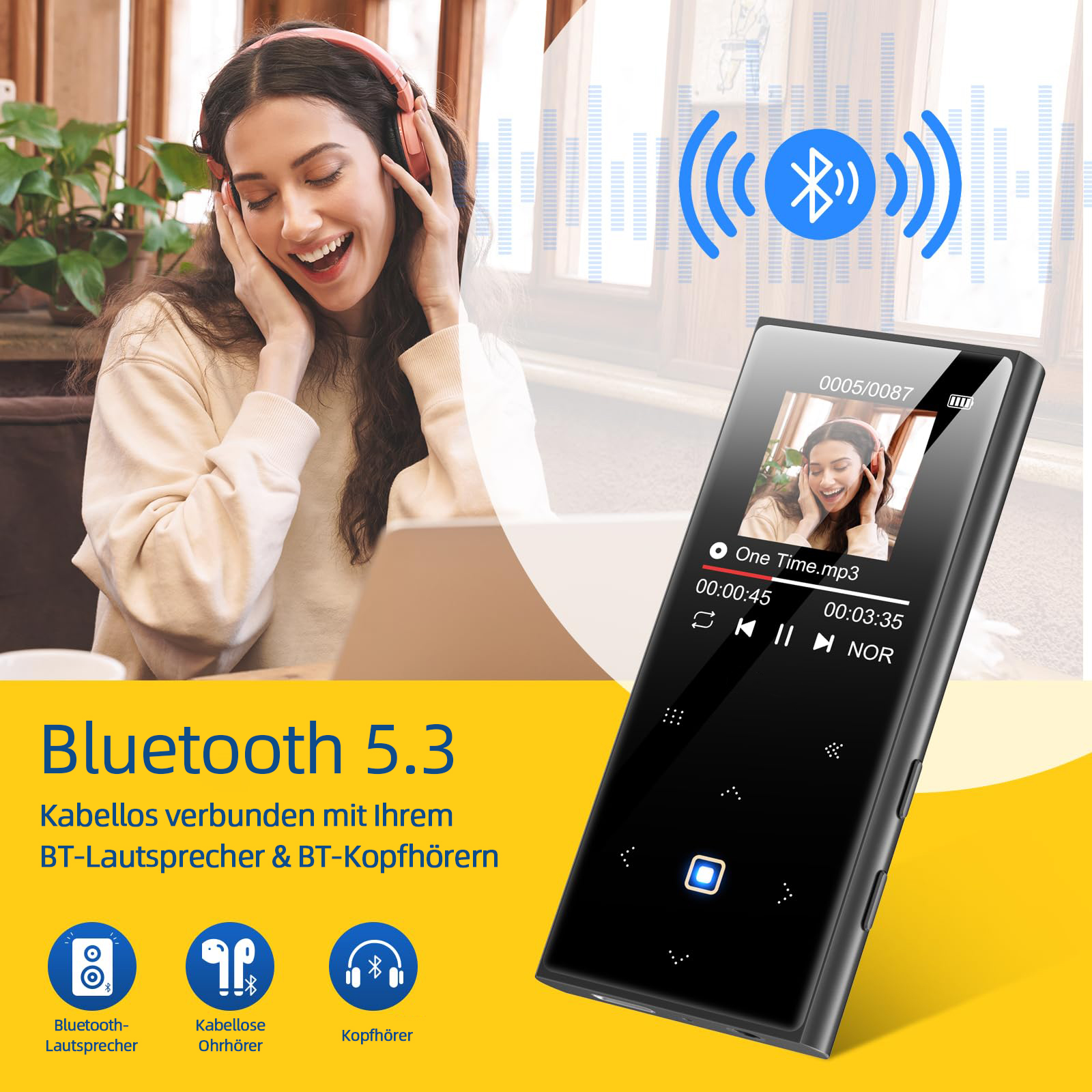 Frau mit Kopfhörern, die Musik hört, neben einem MP3-Player mit Bluetooth-Symbol.