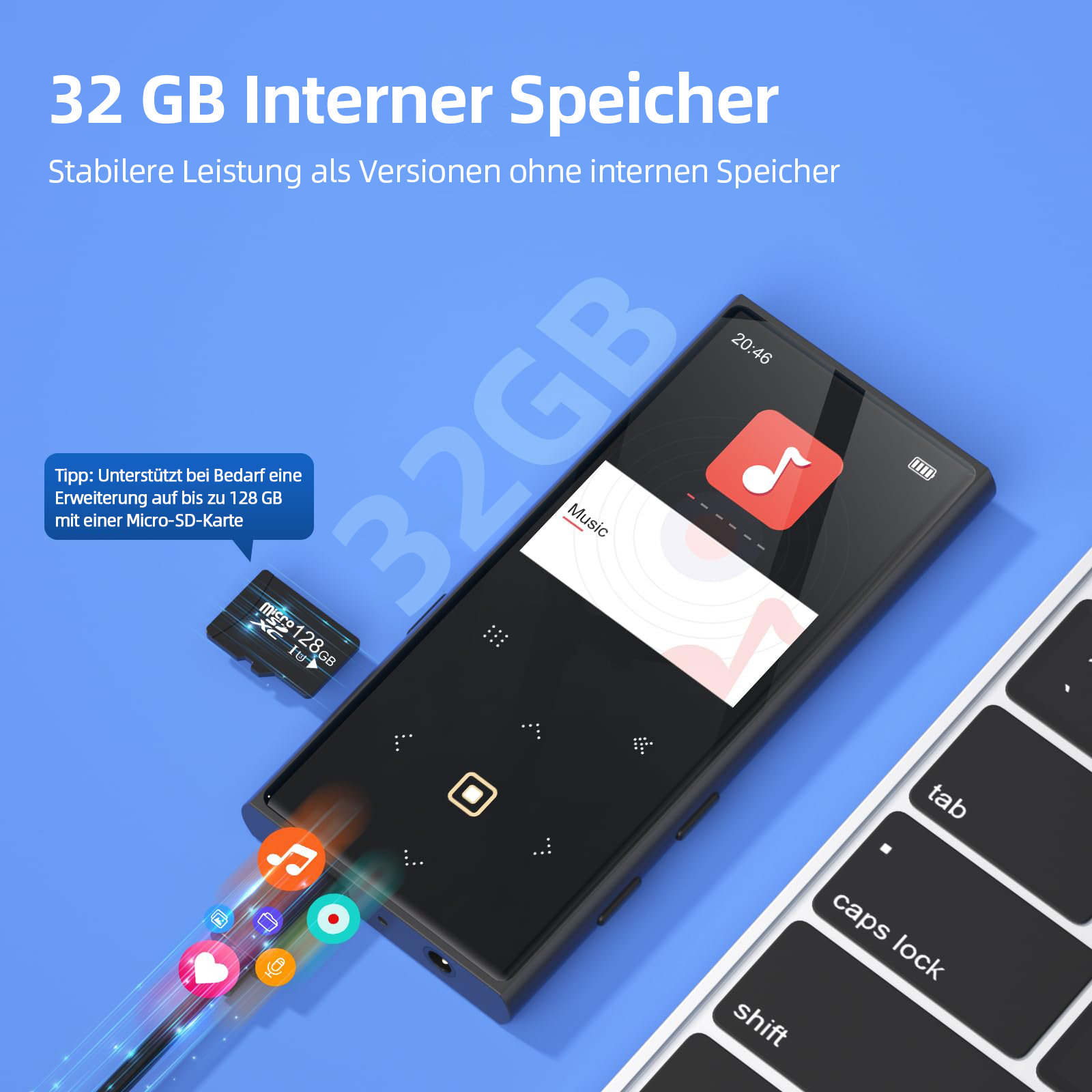 Ein schwarzer MP3-Player mit 32GB Speicher und Micro-SD-Karte.