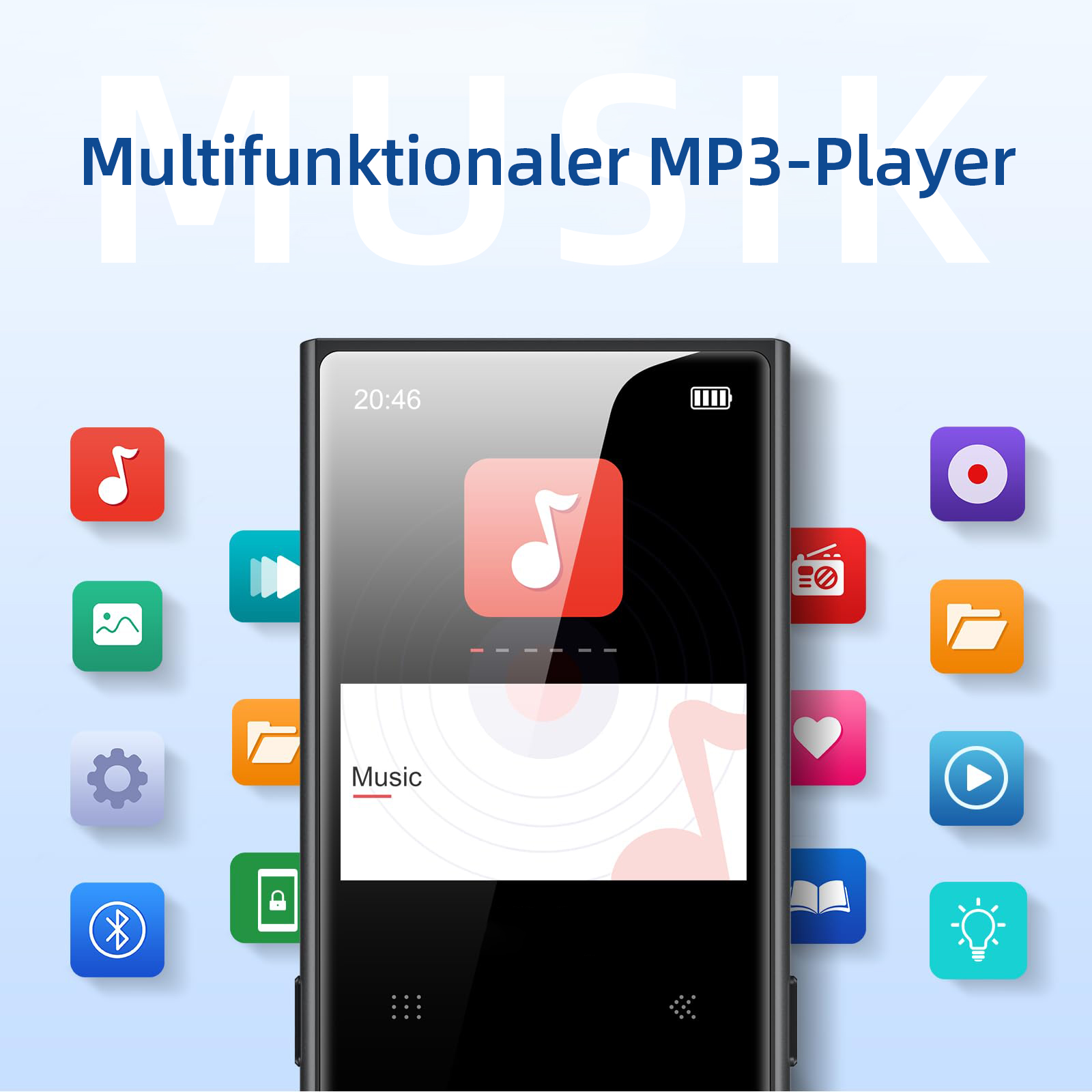 Ein schwarzer MP3-Player mit Musik-App und vielen Symbolen.