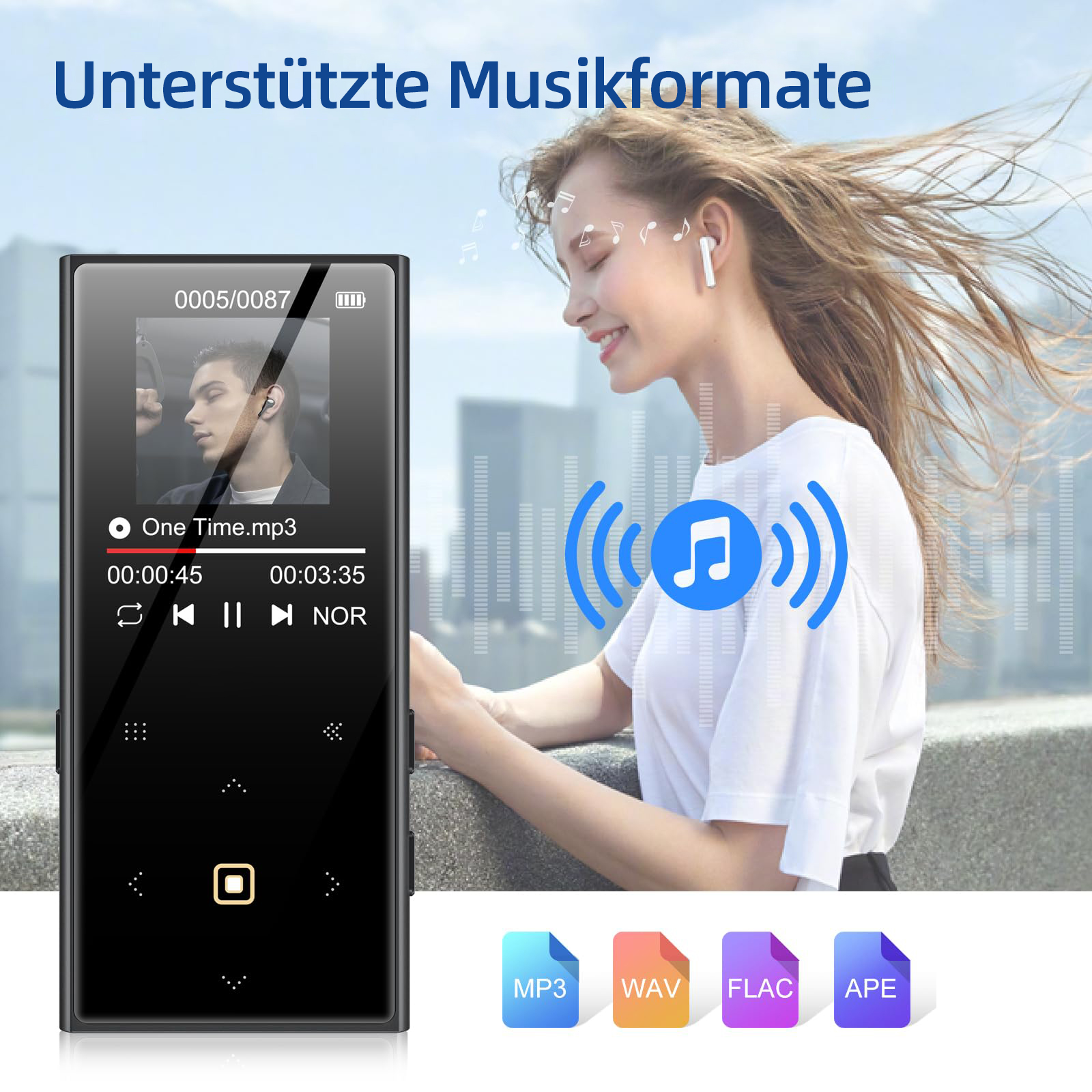 Ein Mann hört Musik auf einem Player, unterstützt MP3, WAV, FLAC, APE.