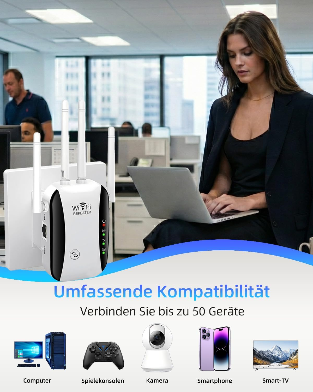 WLAN-Repeater im Büro mit Frauen am Laptop und Männern im Hintergrund.