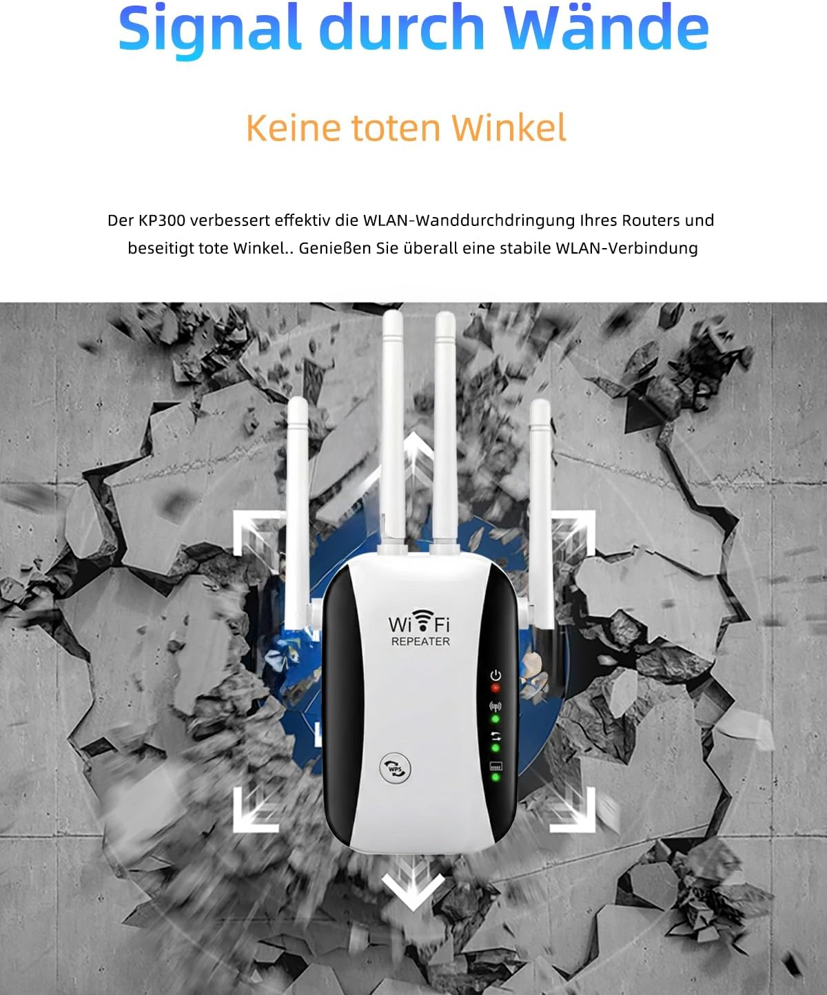 Ein weißer WLAN-Repeater mit drei Antennen bricht durch eine graue Wand.