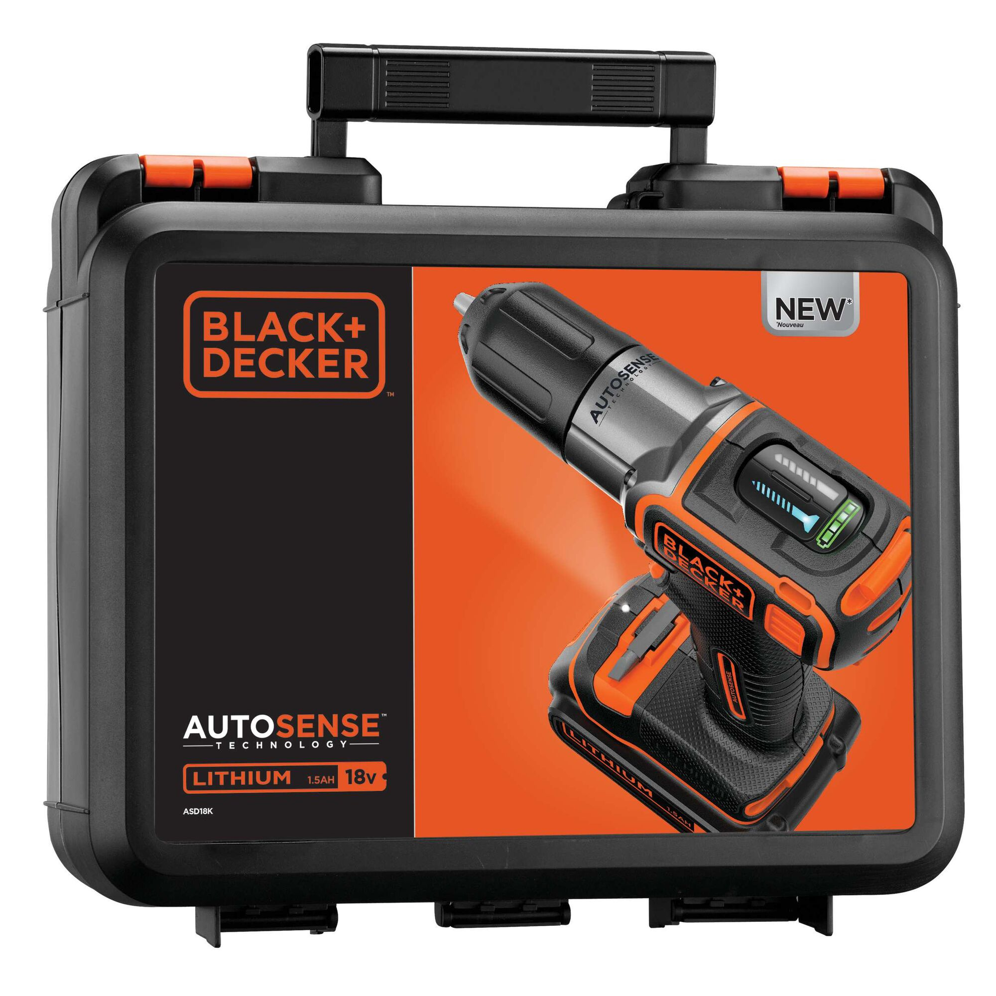 Custodia nera con un trapano e batteria neri e arancioni.