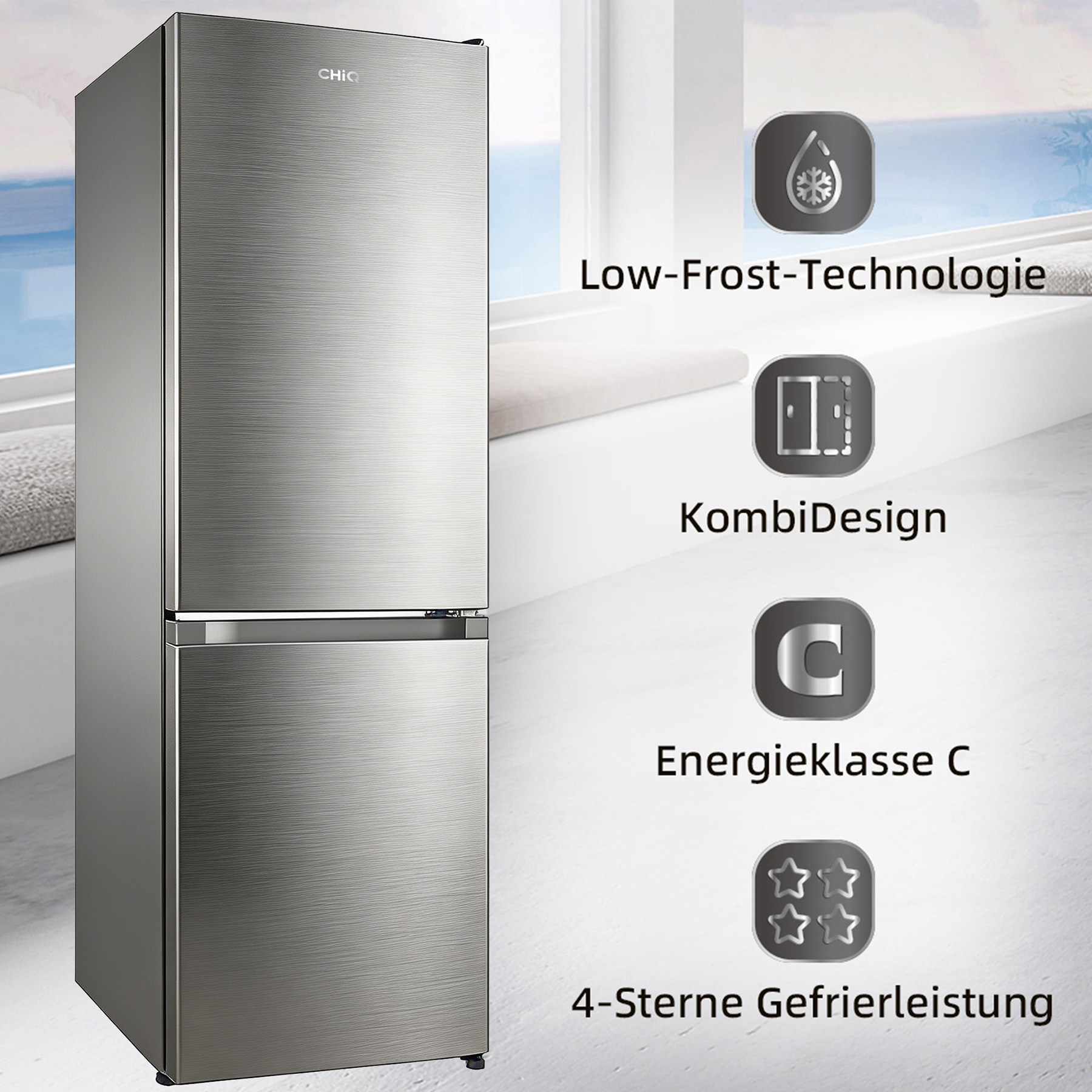 Ein CHIQ Kühlschrank mit Low-Frost-Technologie, KombiDesign, Energieklasse C und 4-Sterne-Gefrierleistung.
