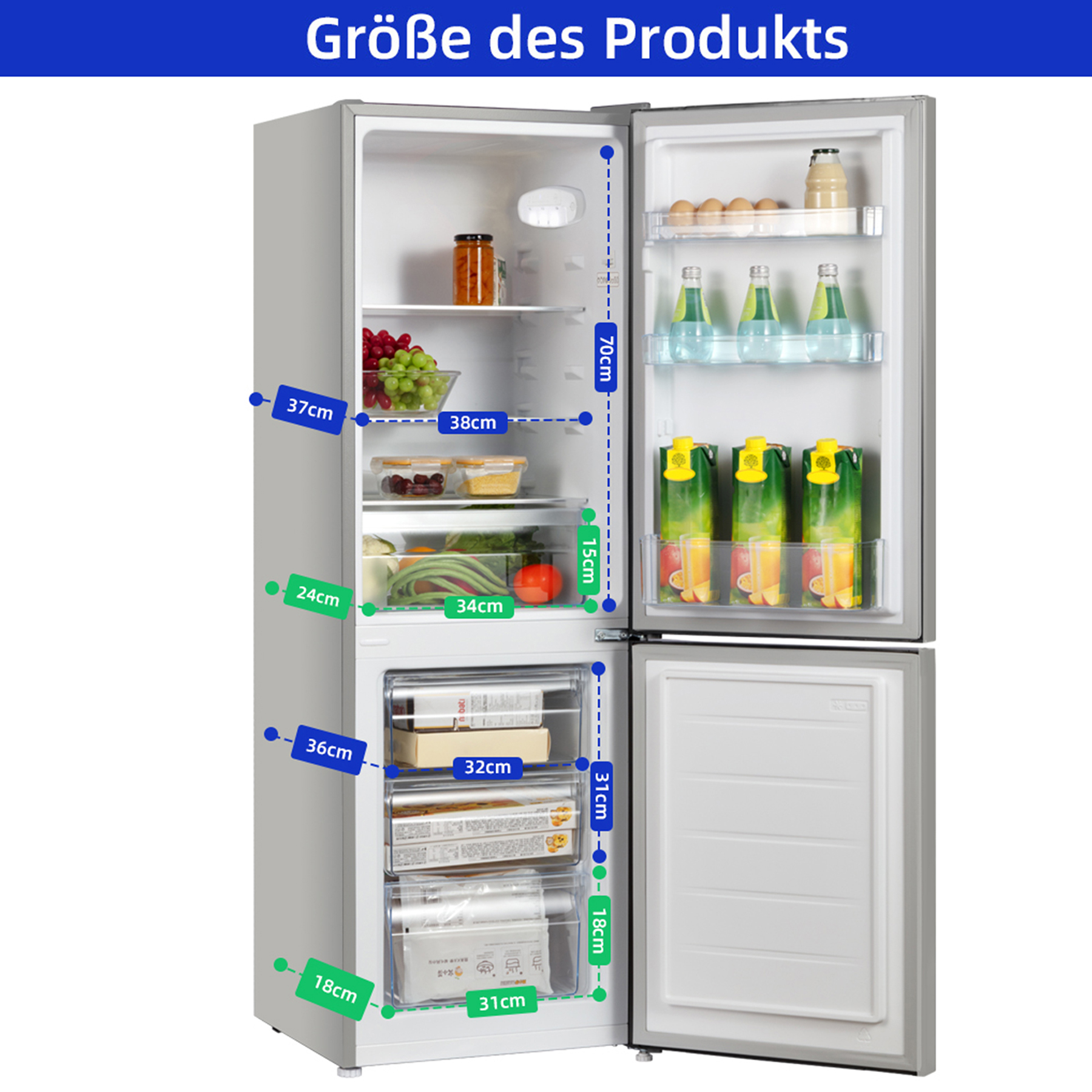 Ein offener Kühlschrank mit Messungen für Tiefe, Breite und Höhe. Gefüllt mit Lebensmitteln.