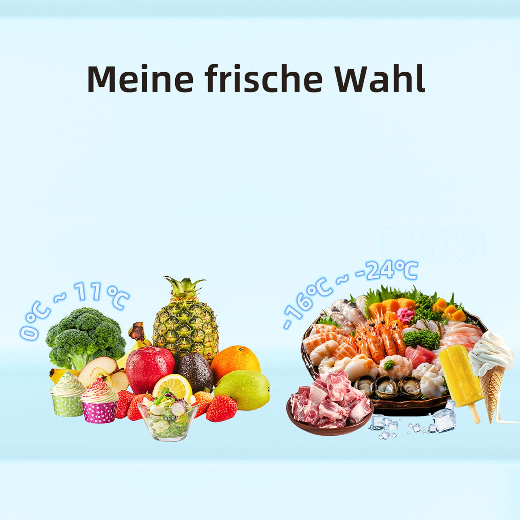 Frisches Obst und Gemüse bei 0-11°C, Meeresfrüchte und Fleisch bei -16-24°C.