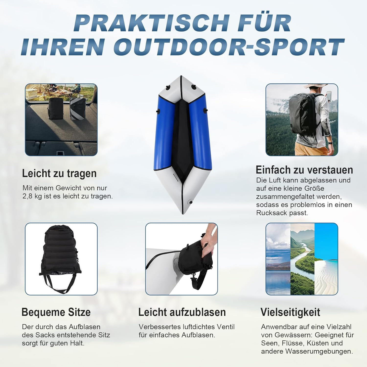 Praktisch für Outdoor-Sport: Leicht zu tragen, einfach zu verstauen, bequem, leicht aufzublasen.