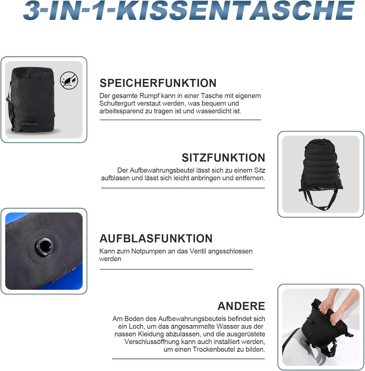 Multifunktionale Tasche: Stauraum, Sitz und Aufblasfunktion.