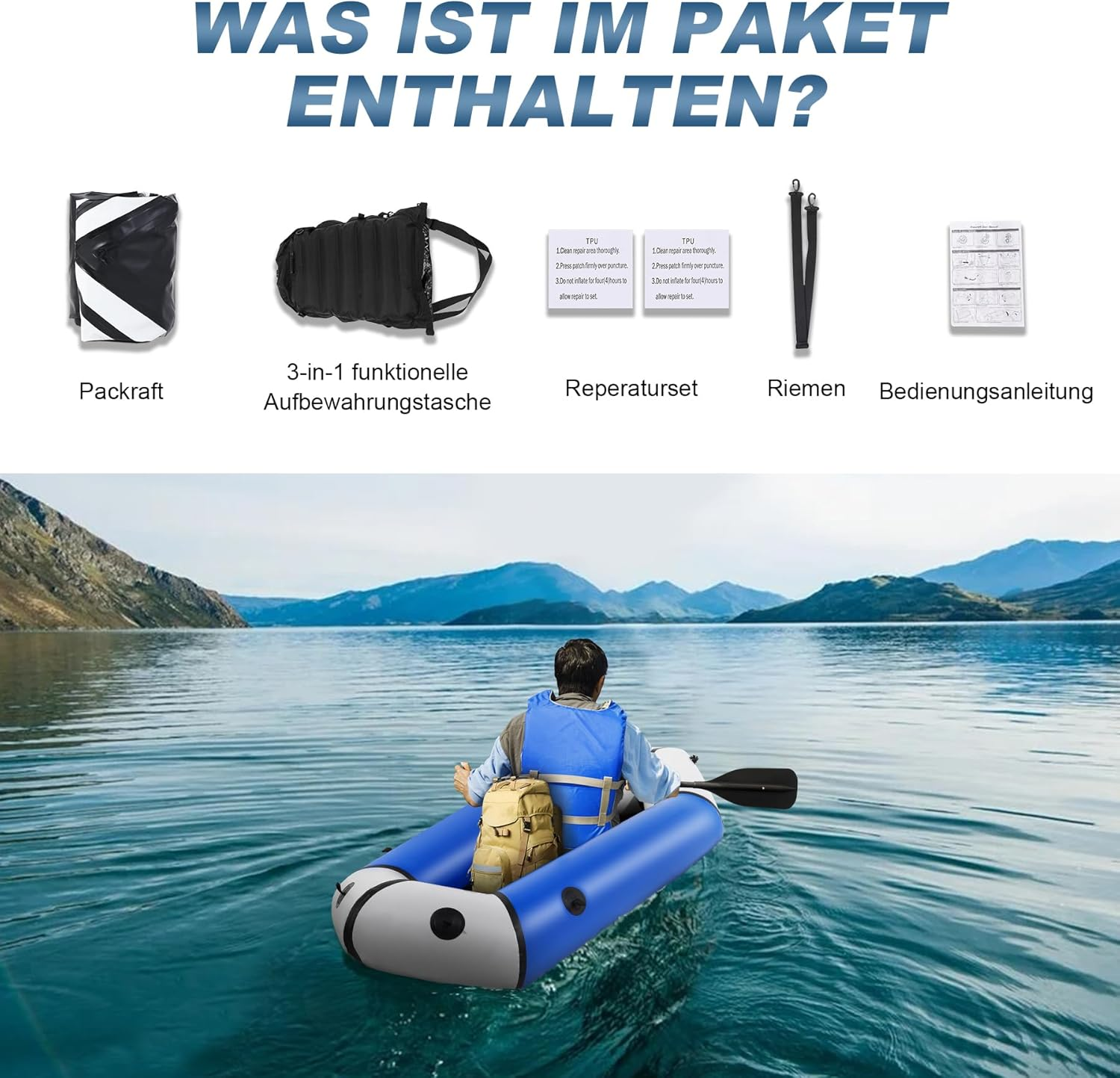 Packraft, Tasche, Reparaturset, Riemen, Anleitung über Wasser mit Bergen.