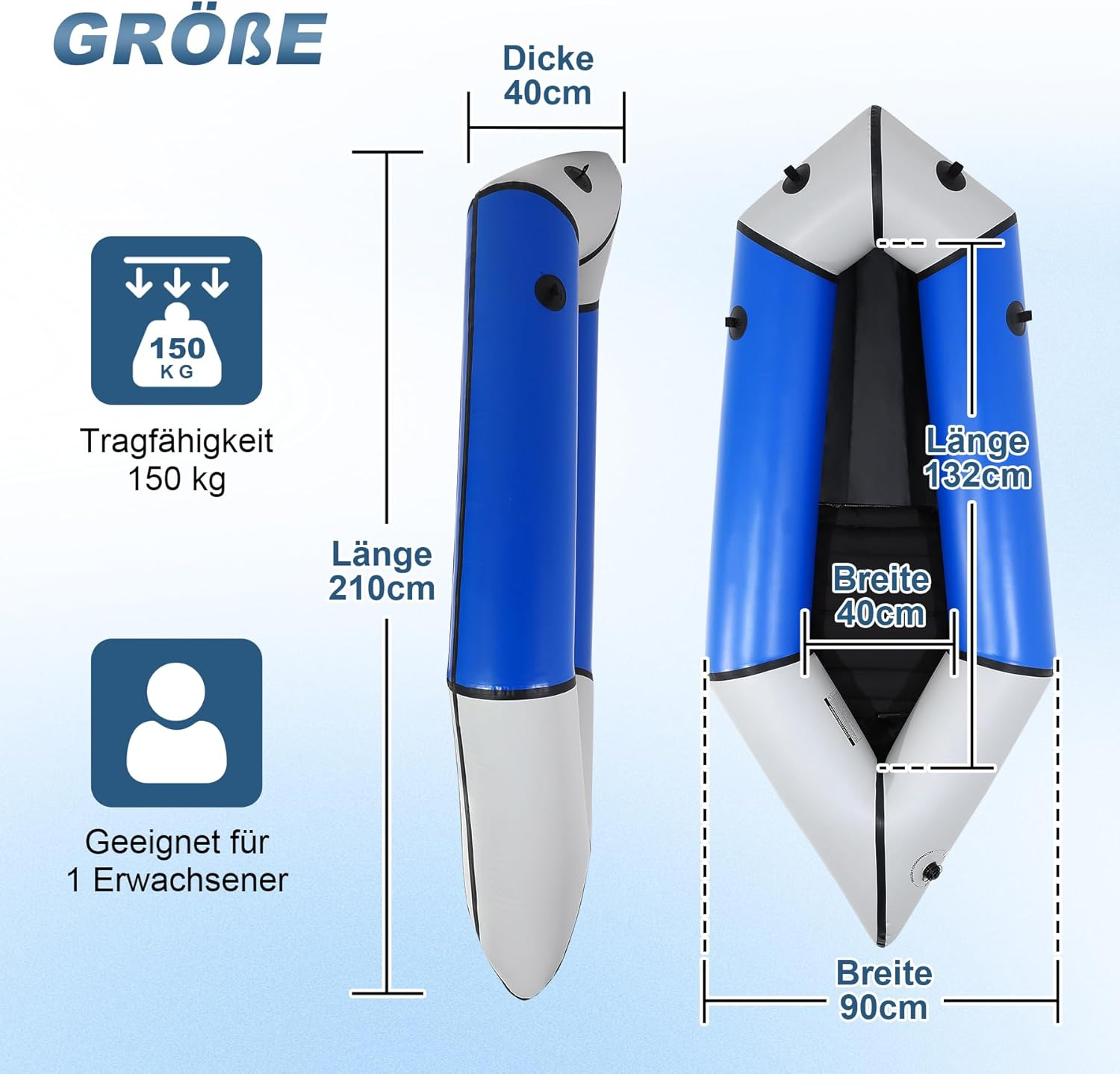 Aufblasbares Boot mit Maßen: Länge 210cm, Breite 90cm, Dicke 40cm. Tragkraft 150kg.