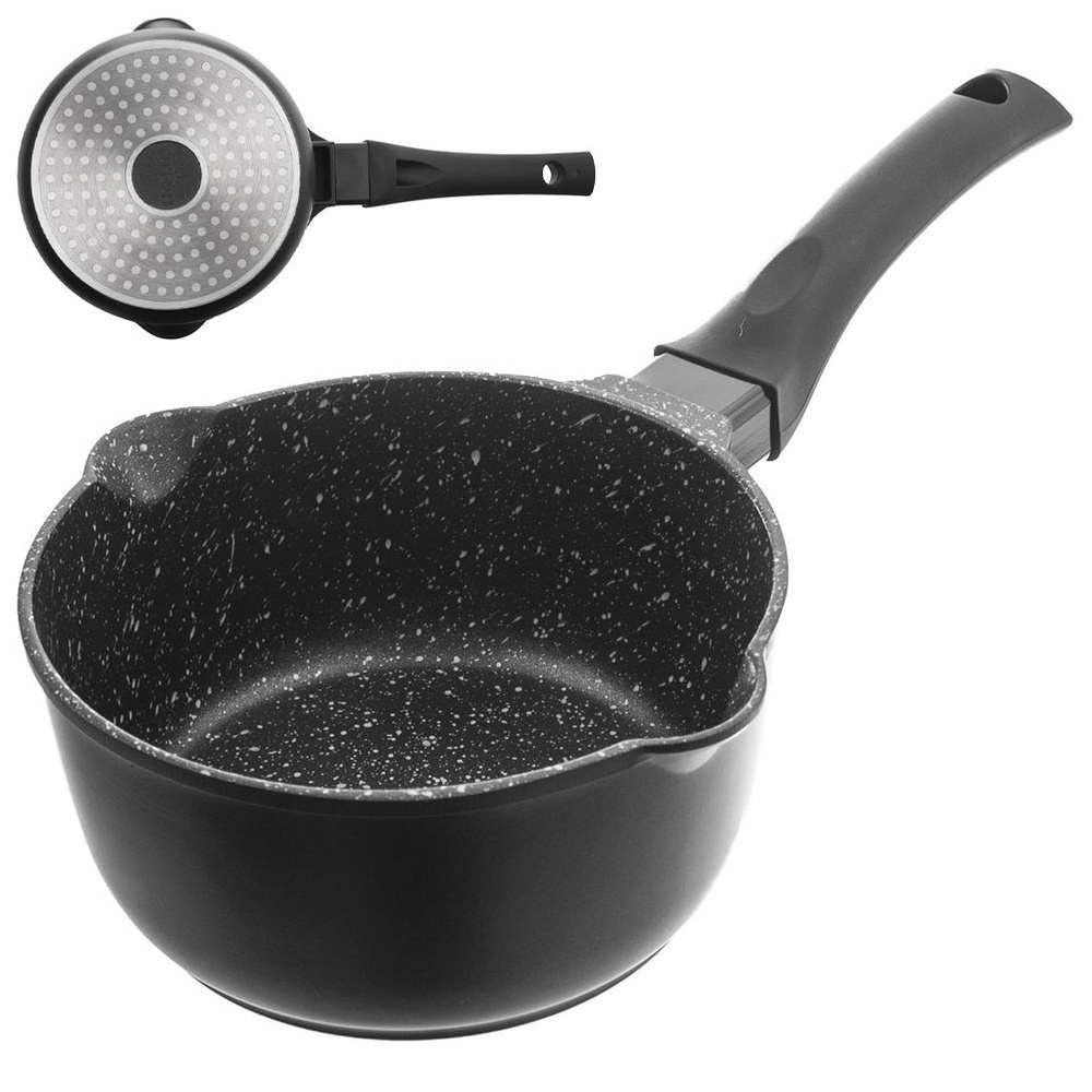 Eine schwarze Kochtopf mit einem langen Griff und Stein-Effekt-Beschichtung.