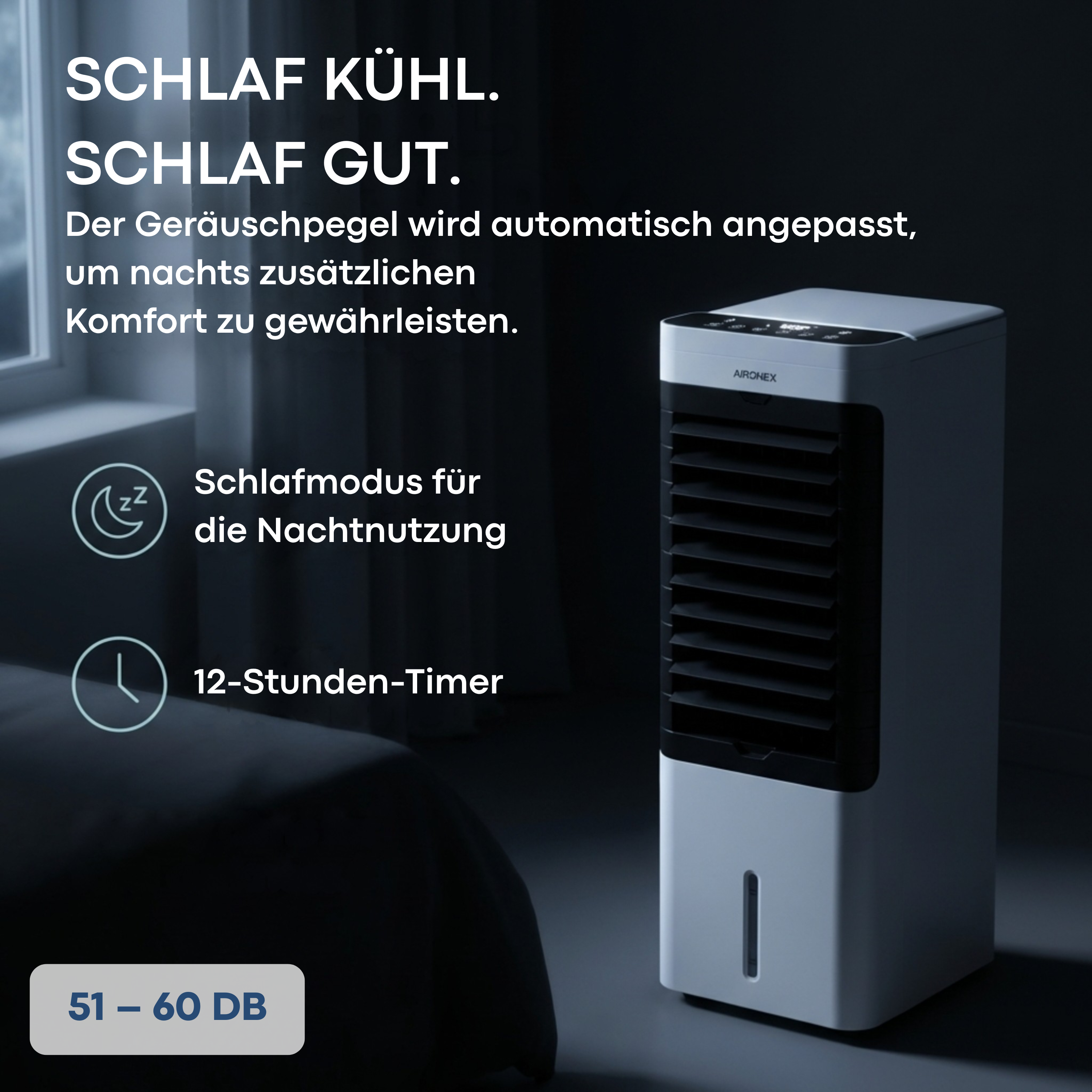 Ein weißer Luftkühler steht auf einem dunklen Nachttisch.
