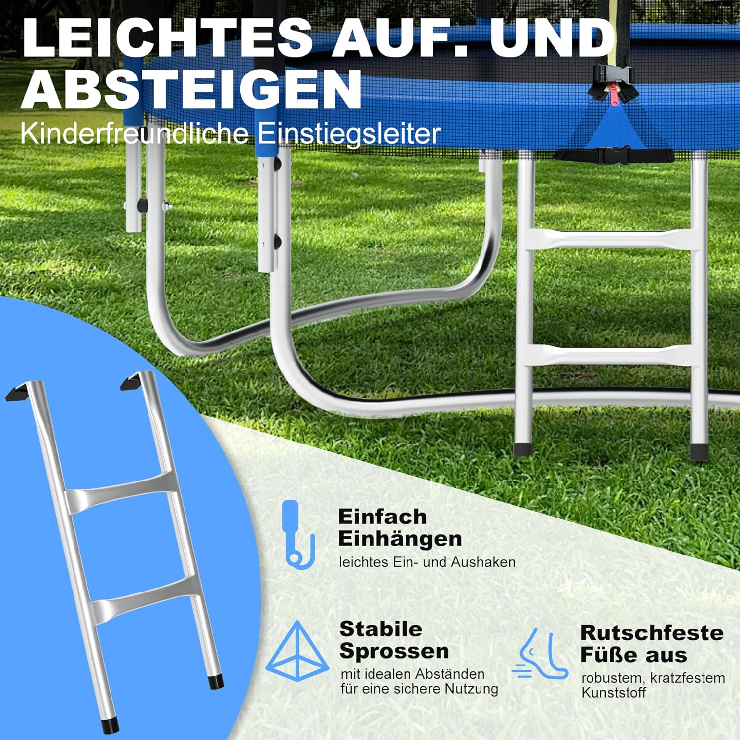 Eine silberne Leiter mit blauen Akzenten, die an einem Trampolin befestigt ist.
