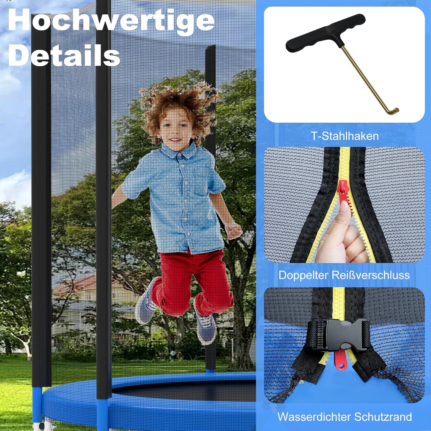 Ein Kind springt auf einem Trampolin. Details zeigen Werkzeug, Reißverschluss und Schutzrand.
