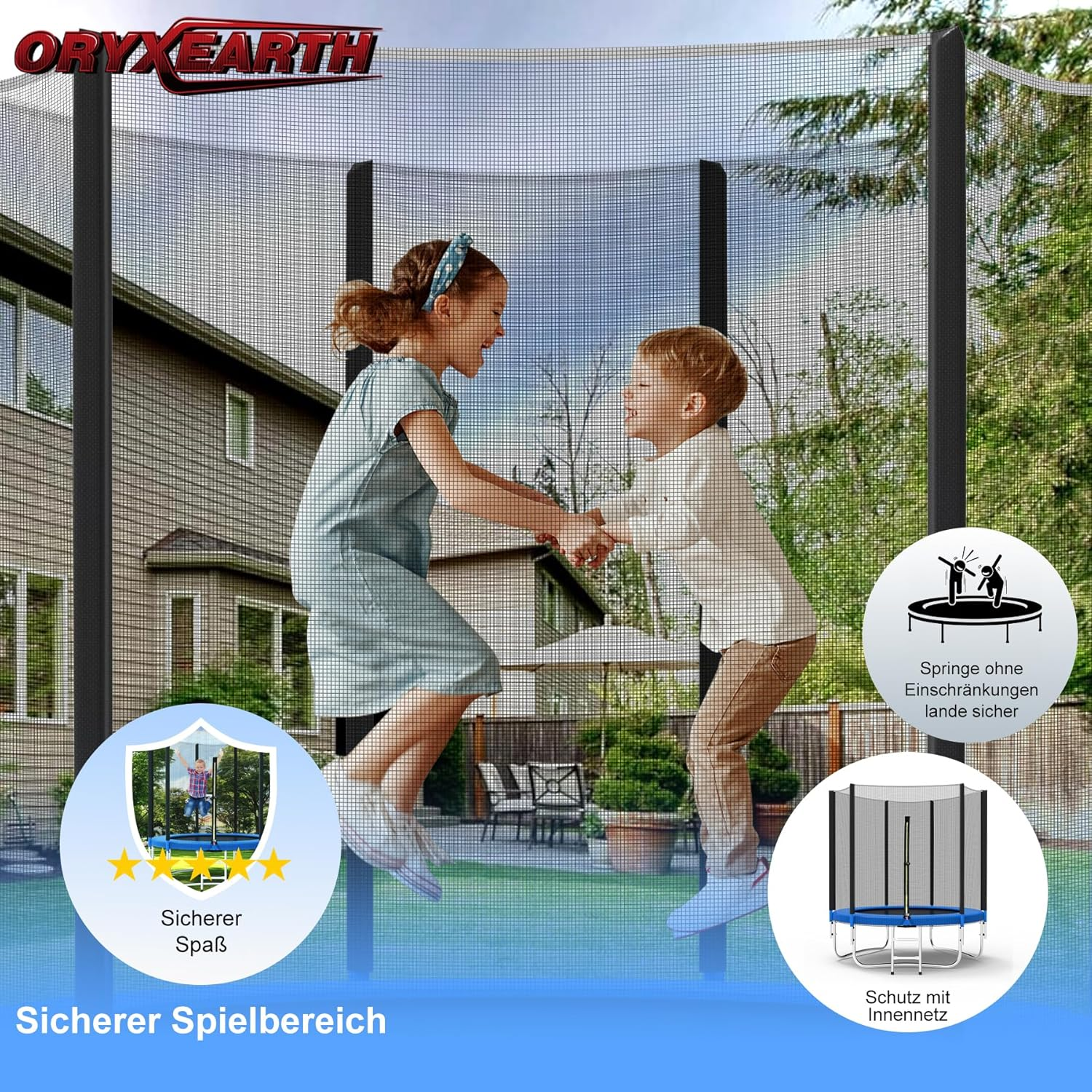 Kinder springen auf einem Trampolin mit Sicherheitsnetz im Garten.