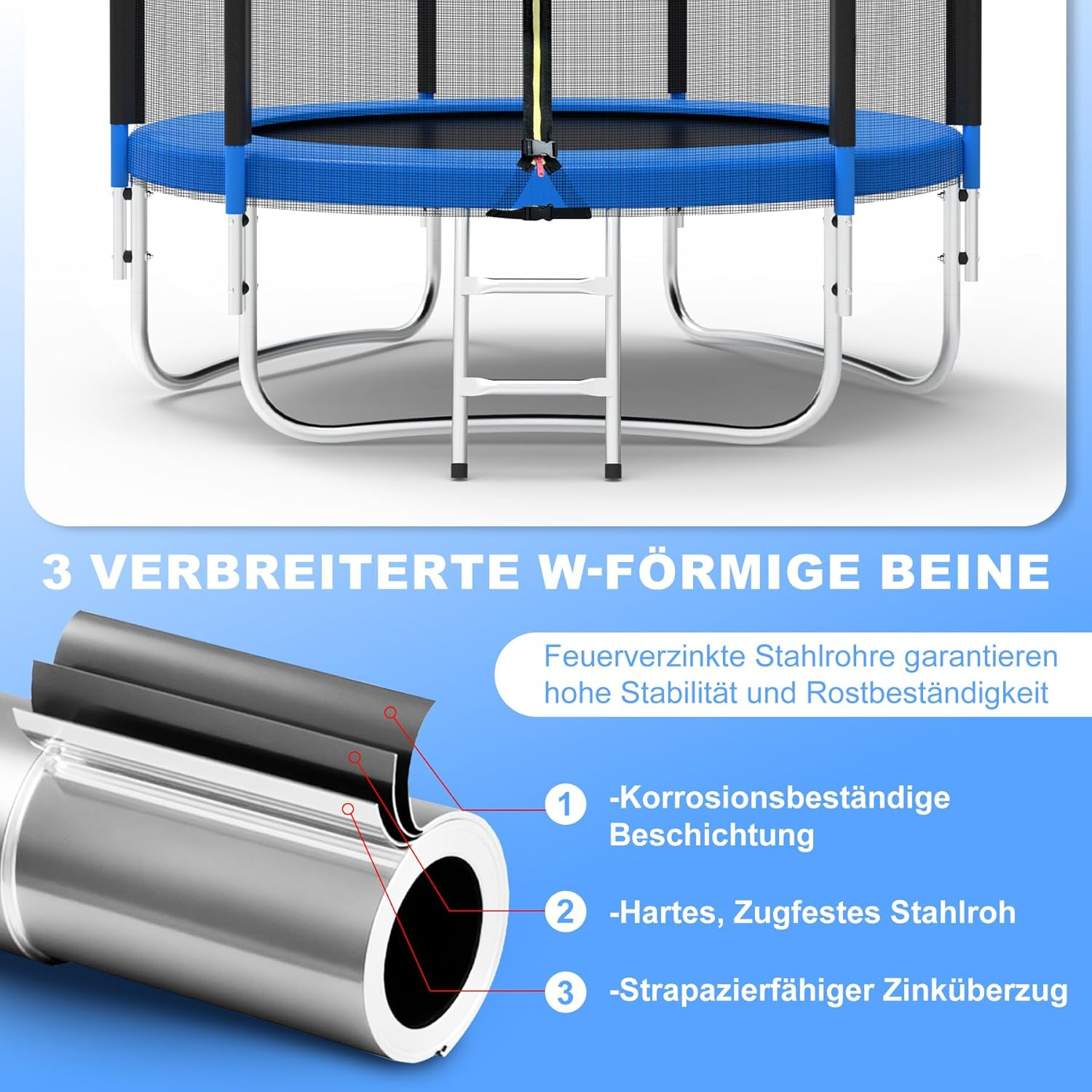 Trampolin mit breiten W-förmigen Beinen und detaillierter Ansicht des Stahlrohrs.
