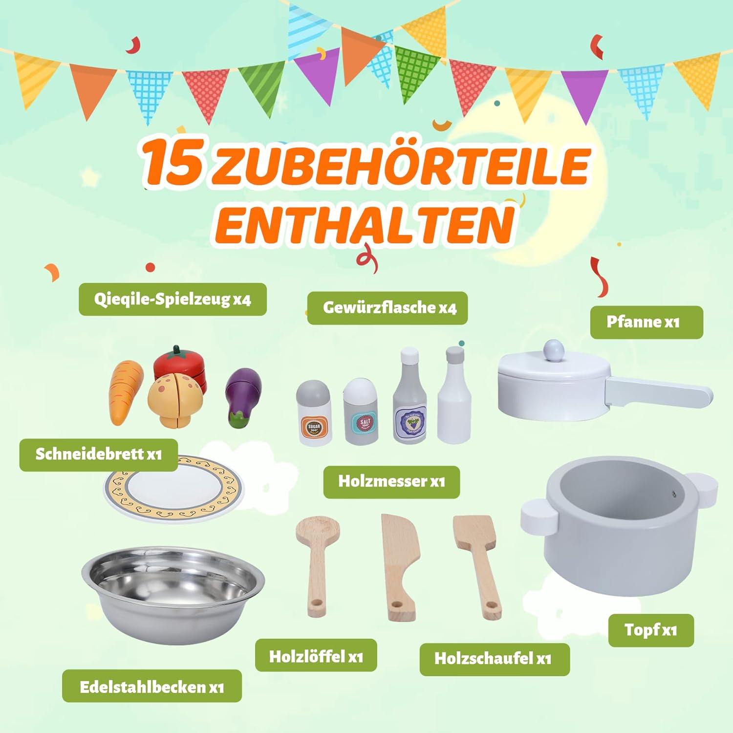Spielküchenzubehör: Karotten, Tomaten, Pilze, Auberginen, Gewürze, Pfanne, Topf, Schüssel, Brett, Messer, Löffel, Schaufel.