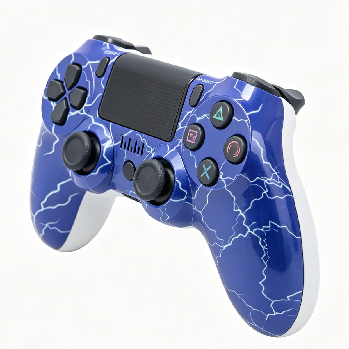 Blauer Controller mit Blitzmuster, weiße Akzente, weiße Rückseite.