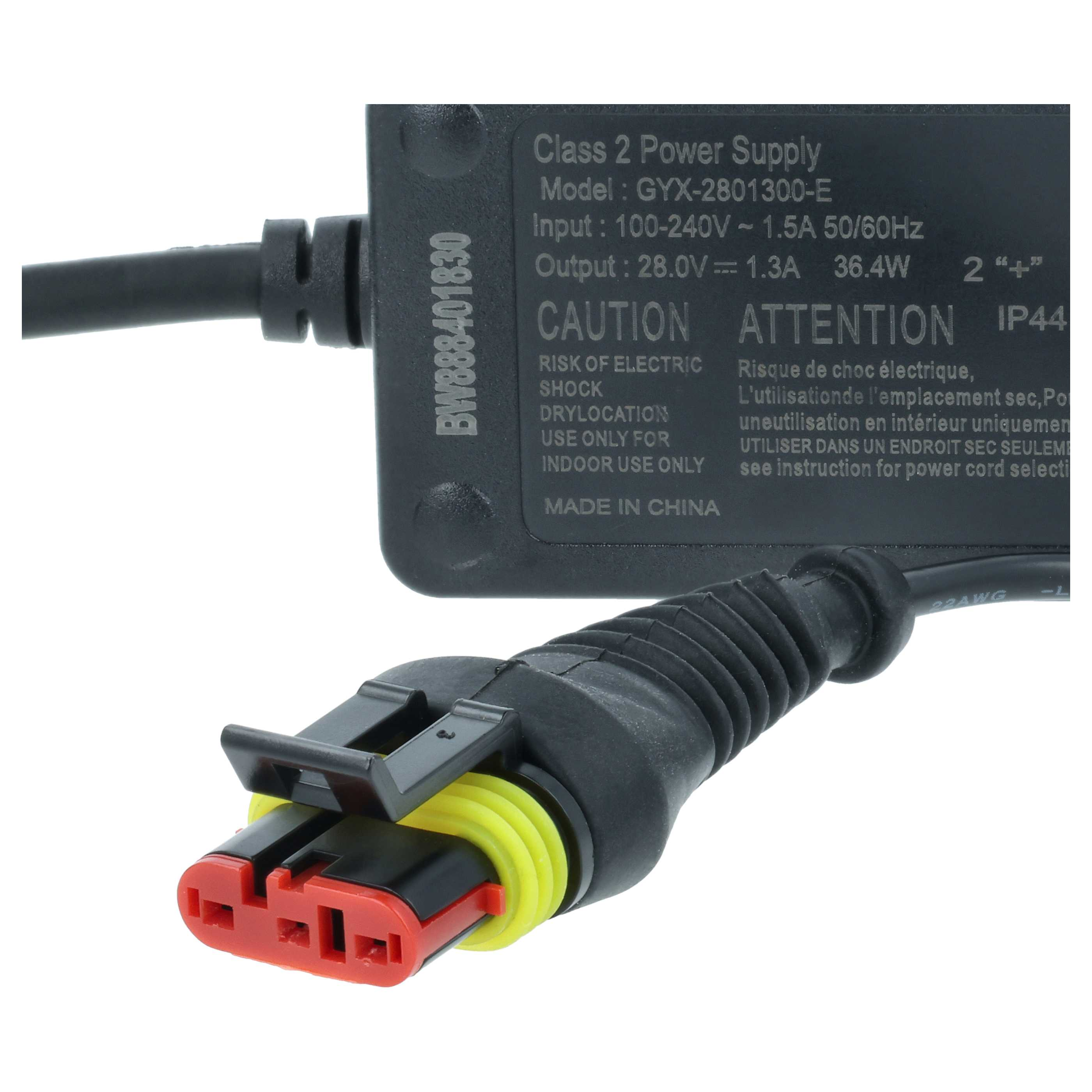 Schwarzes Netzteil mit Kabel und rotem/gelbem Stecker. Beschriftung: Class 2 Power Supply.