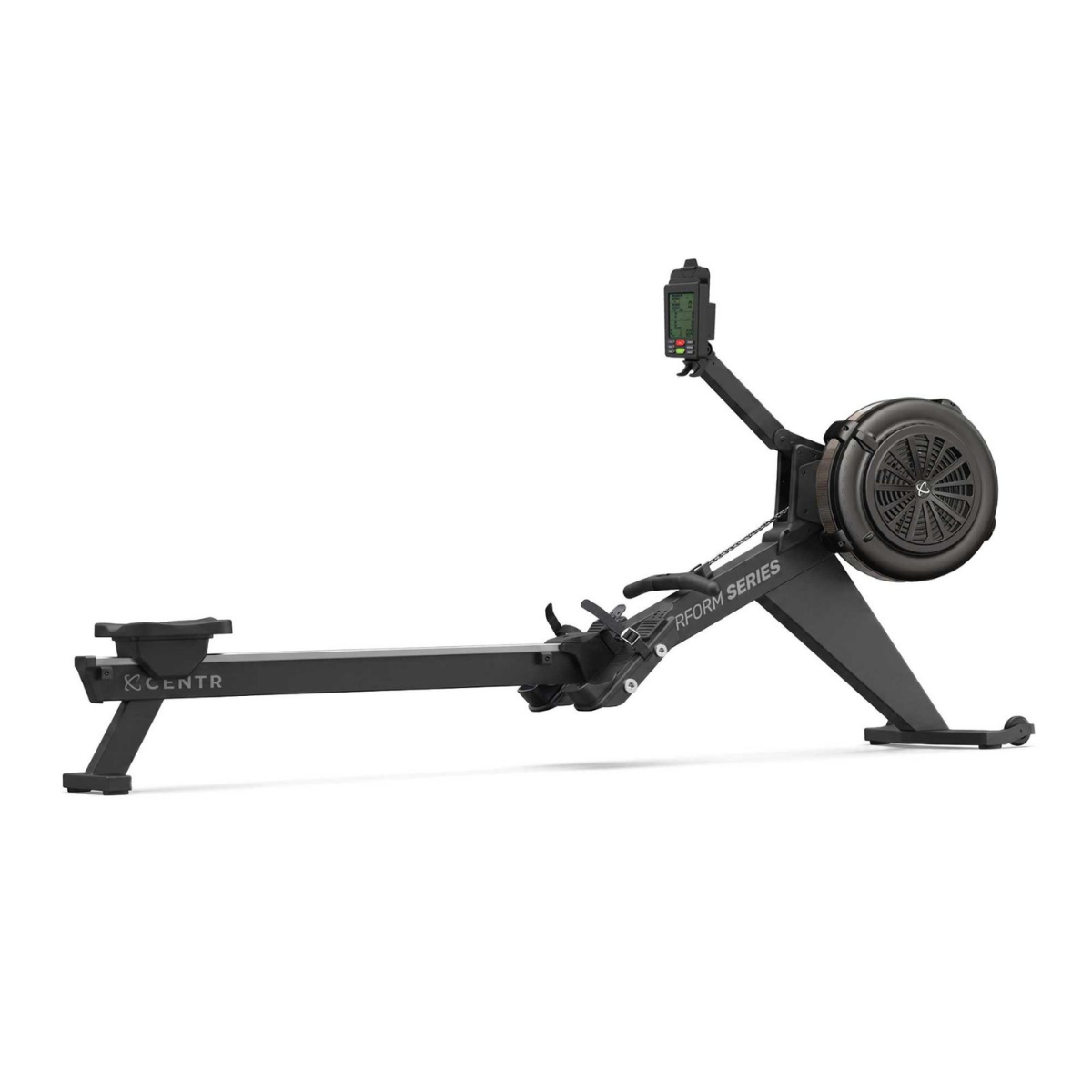 A black rowing machine with a silver display and handles.