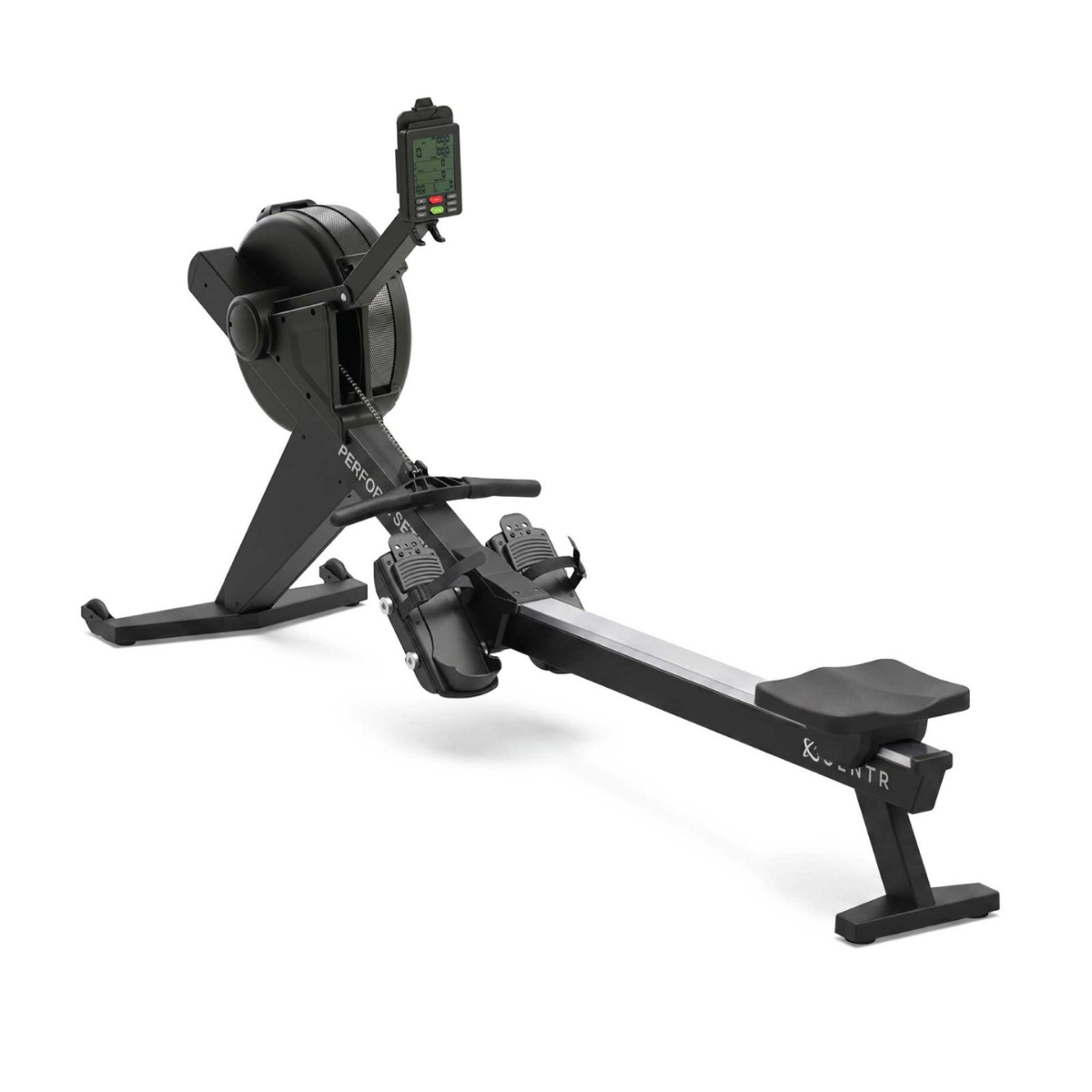 A black rowing machine with a digital display and a seat on a rail.