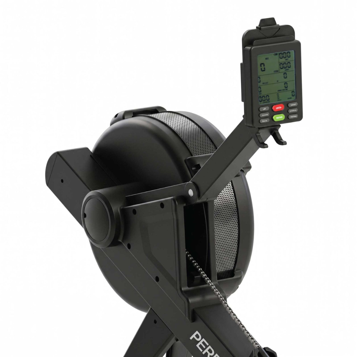 Black rowing machine with digital display and buttons.