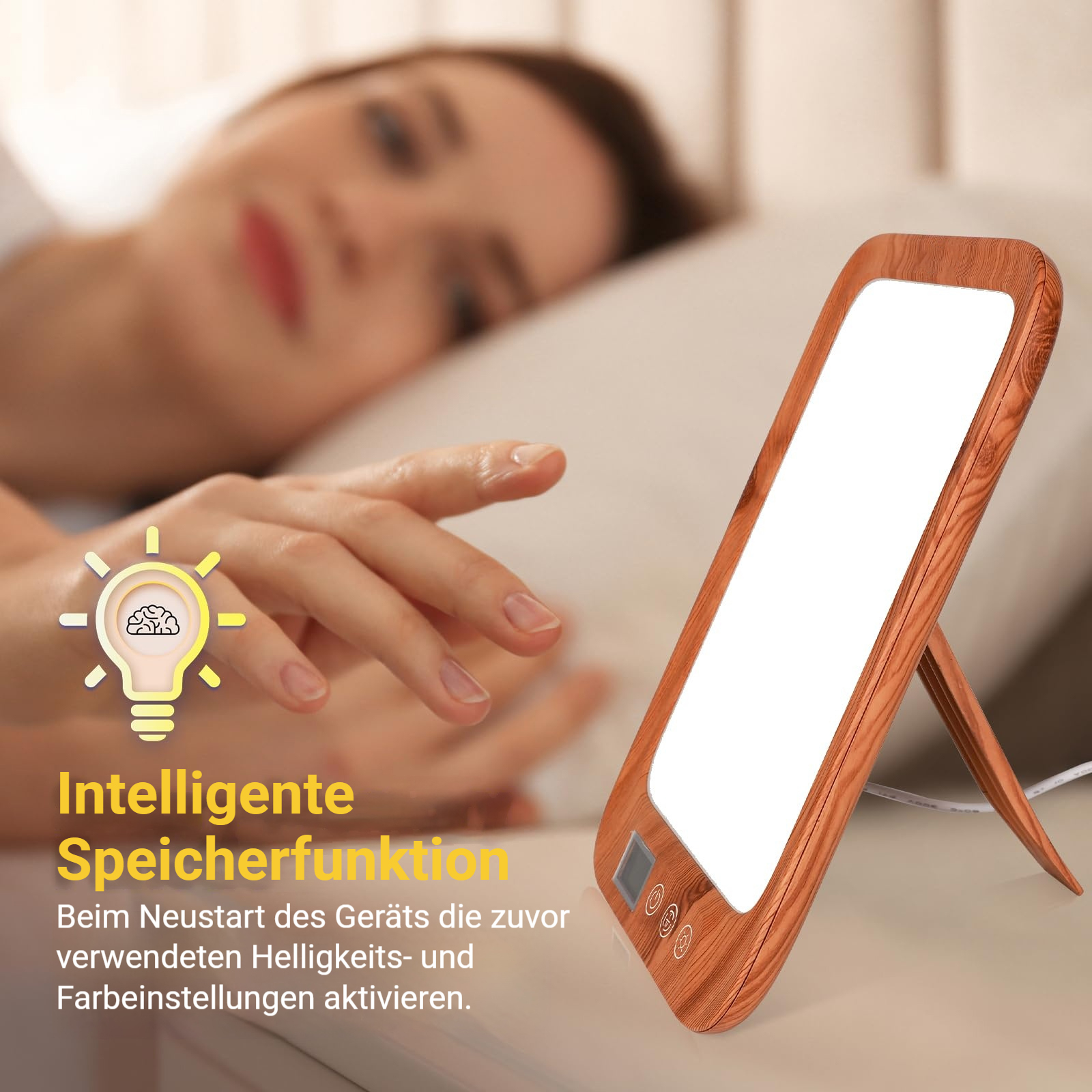 Eine Frau schläft, neben ihr ein Lichttherapiegerät mit Holzrahmen.