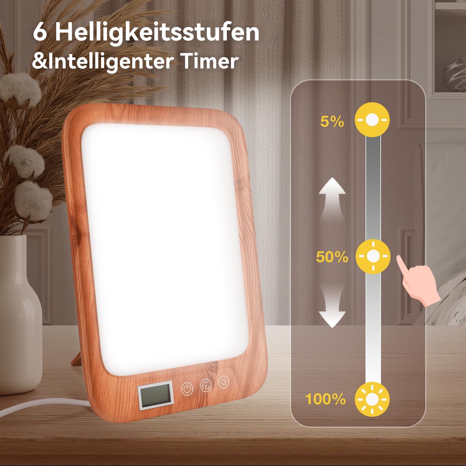 Lichttherapiegerät mit Holzrahmen, Helligkeitseinstellung von 5% bis 100%.