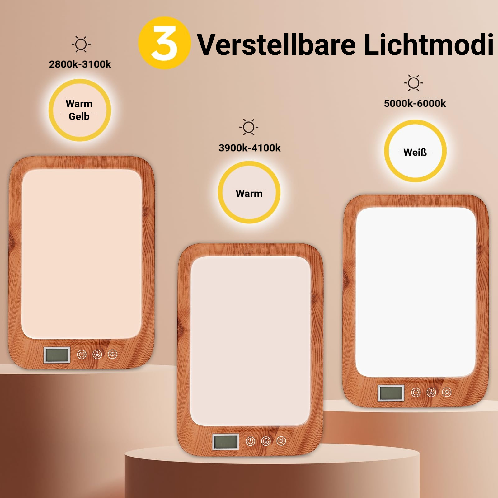 Drei Lichttherapiegeräte mit Holzrahmen: warmgelb, warmweiß und weiß.