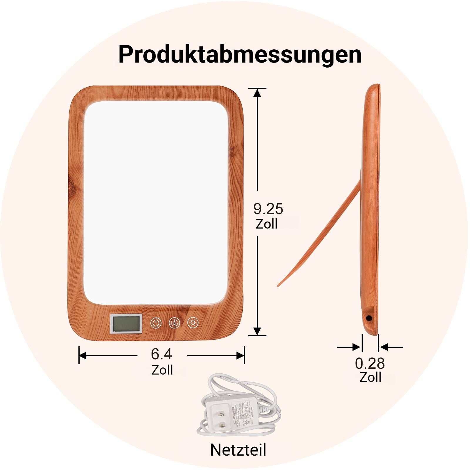 Holzrahmen mit Display und Bedienelementen, Netzteil. Maße: 9,25x6,4x0,28 Zoll.