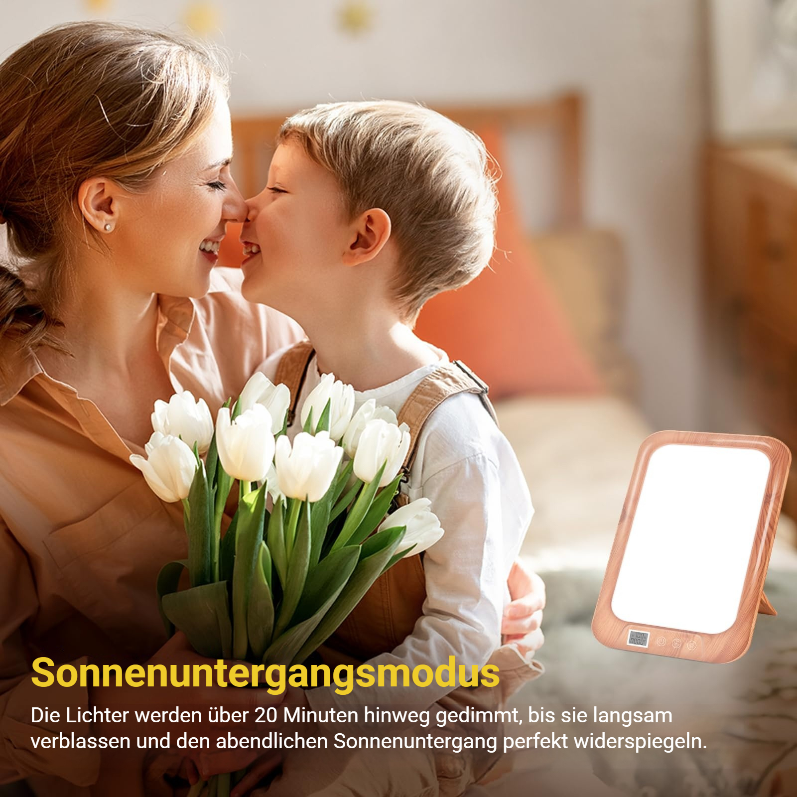 Mutter und Kind kuscheln, halten weiße Tulpen. Ein Lichtgerät ist rechts.