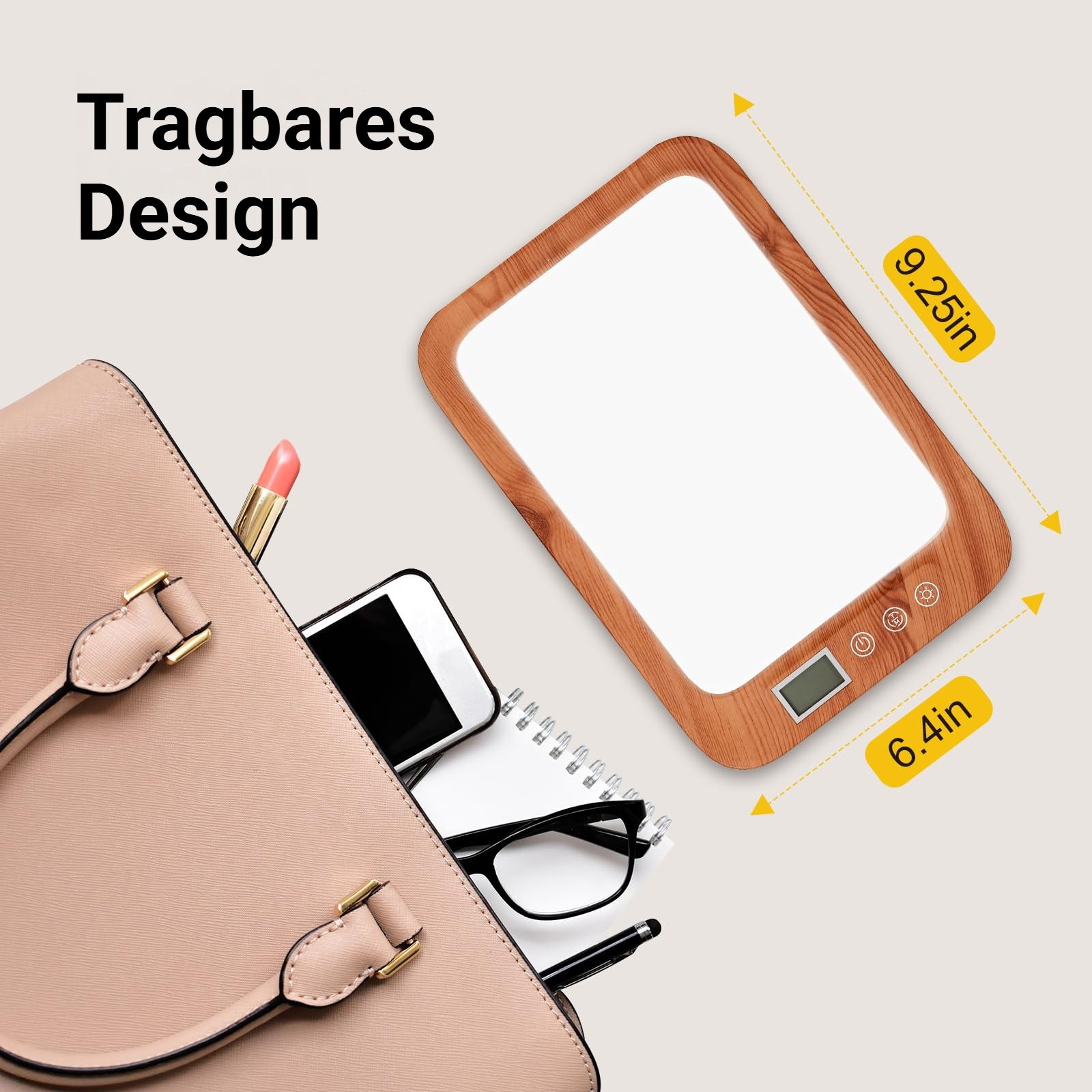 Eine rosafarbene Tasche mit Lippenstift, Handy, Brille und einem Lichtgerät.