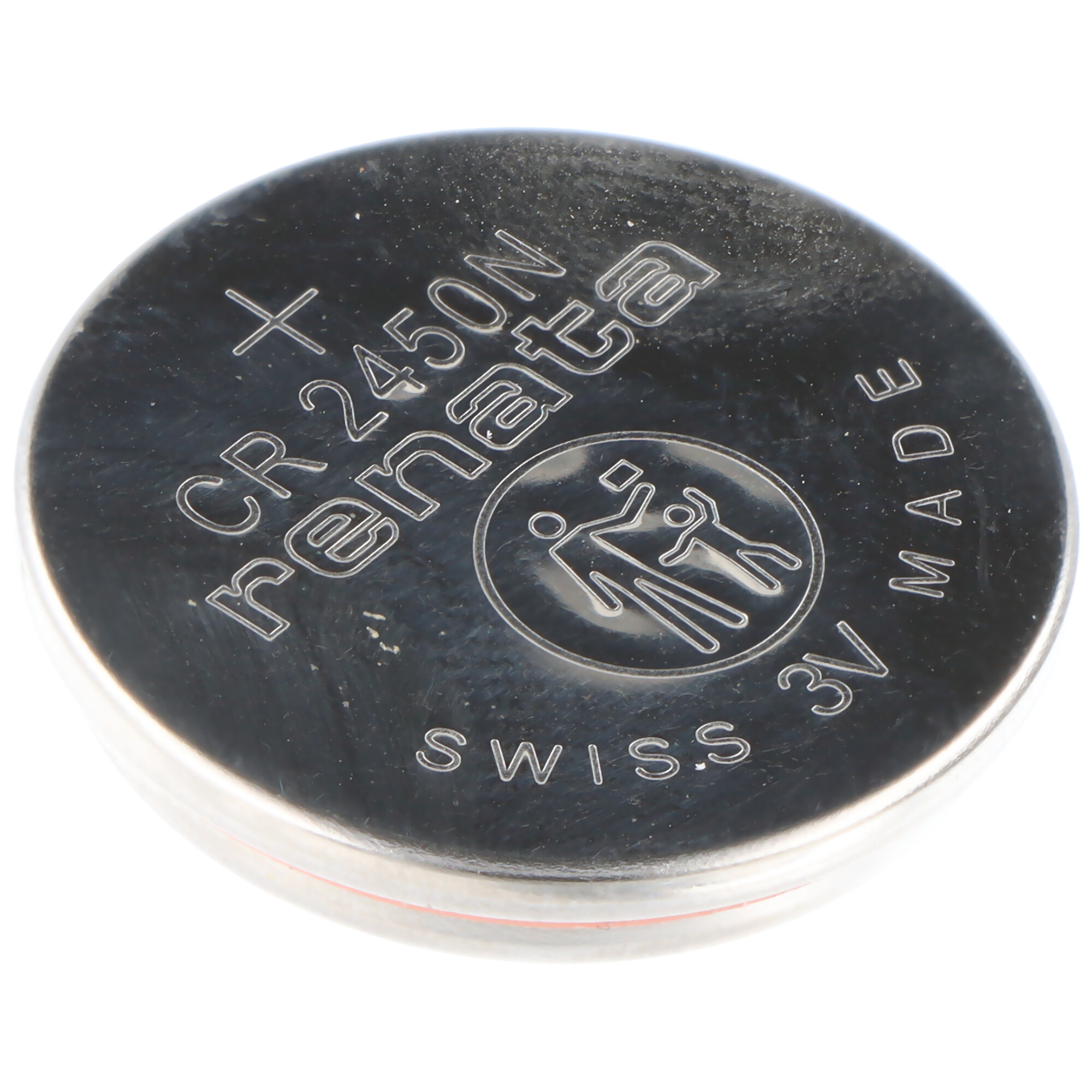 Eine Renata CR 2450N 3V Lithiumbatterie, Made in Swiss.