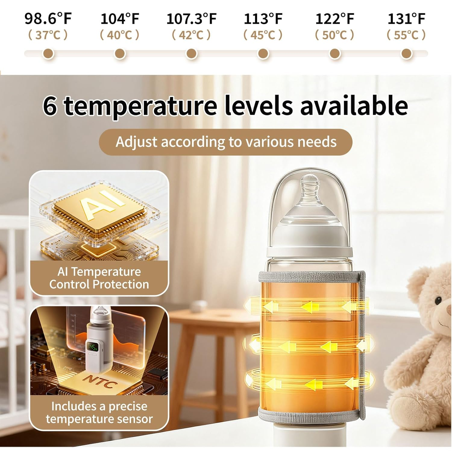 Babyflasche mit Temperaturanzeige, KI-Schutz und 6 Stufen.
