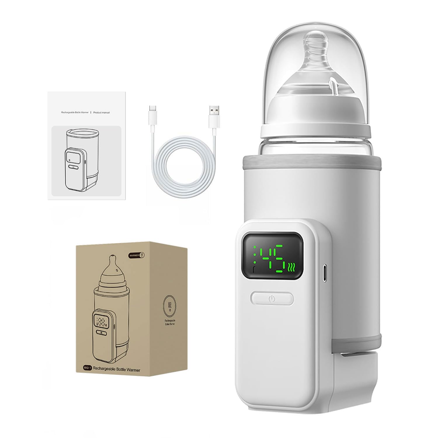 Weiße Flaschenwärmer mit Display, USB-Kabel, Anleitung und Verpackung.