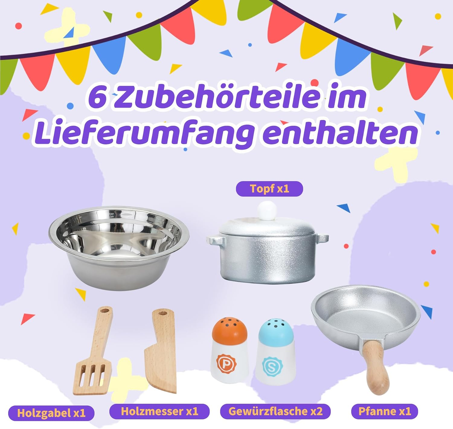 Spielzeugküchenutensilien: Topf, Pfanne, Holzgabel, Holzmesser, Gewürzflaschen.