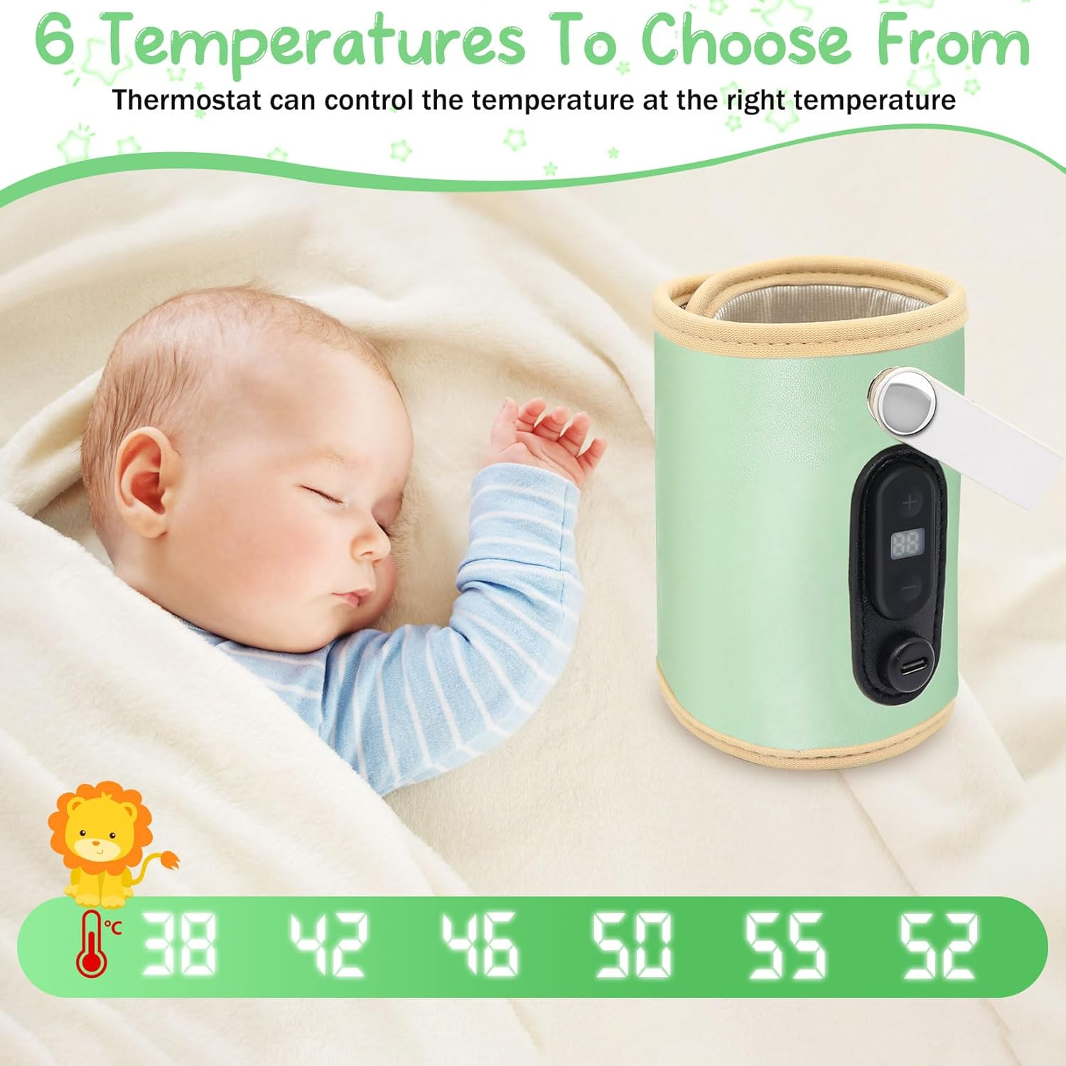 Ein Baby schläft auf einer Decke neben einem grünen Flaschenwärmer mit Temperaturanzeige.