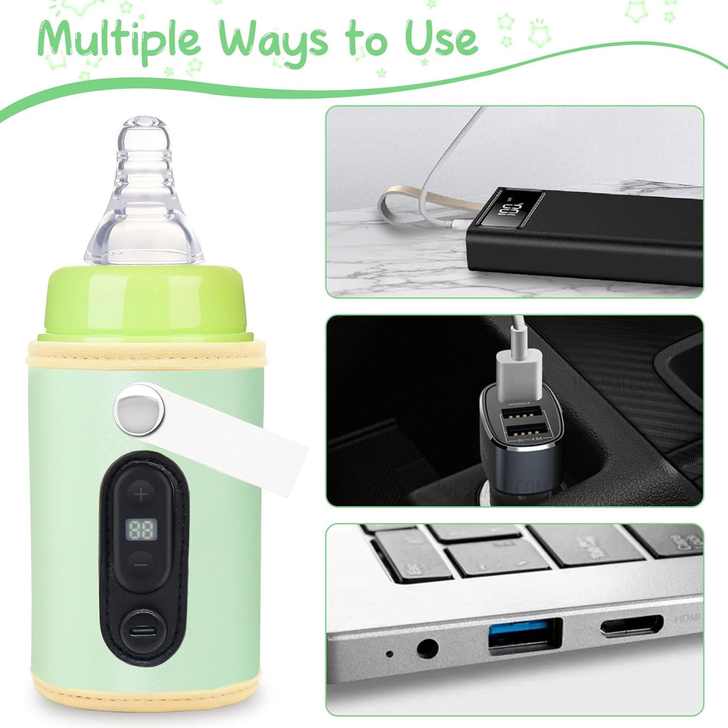 Babyflaschenwärmer mit Ladeoptionen: Powerbank, Auto und Laptop.