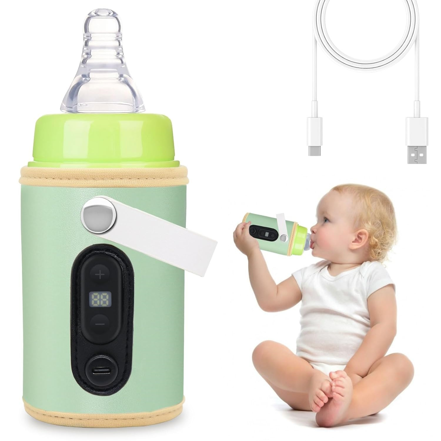 Baby trinkt aus Flaschenwärmer mit USB-Kabeln daneben.