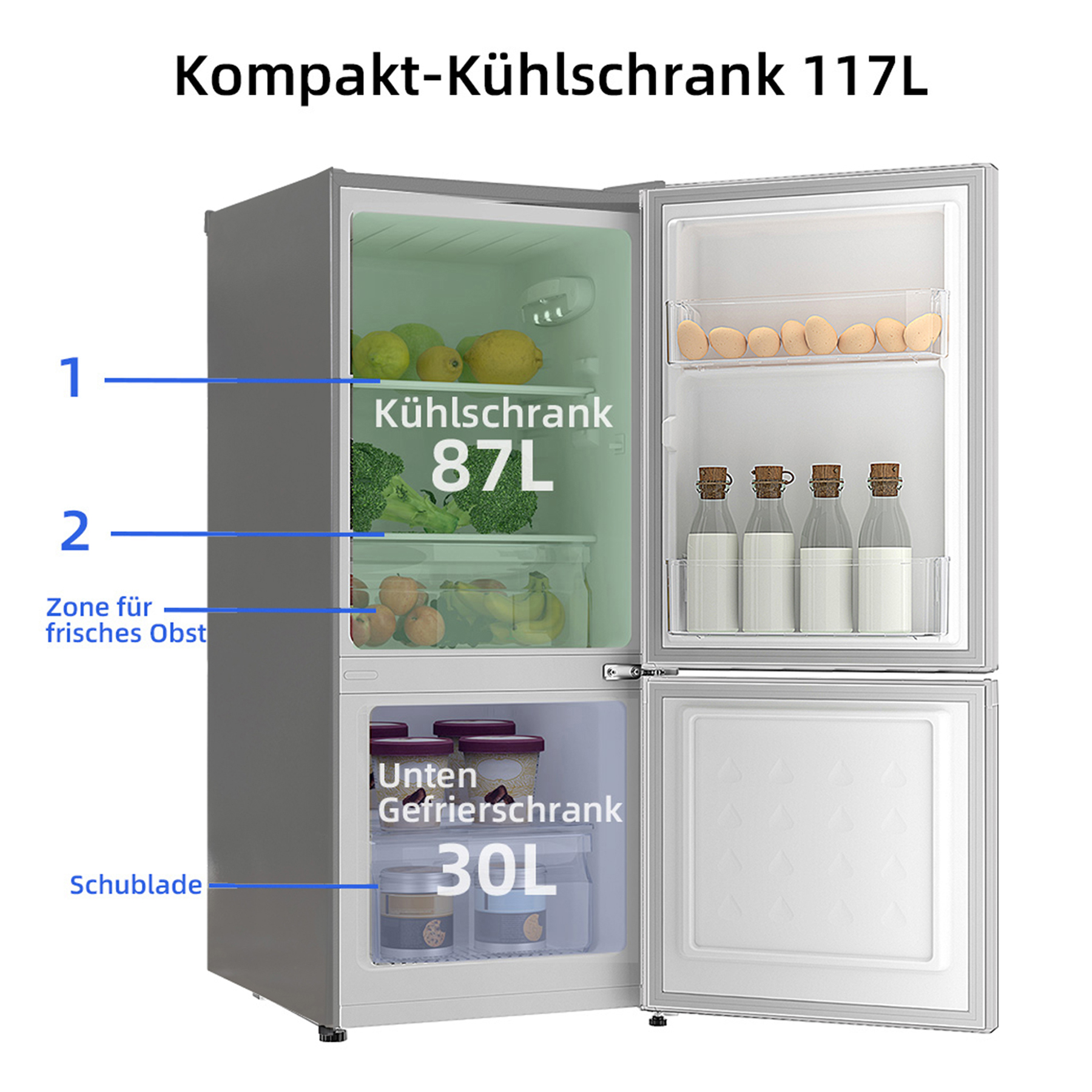 Ein offener Kompaktkühlschrank mit Lebensmitteln und Flaschen.