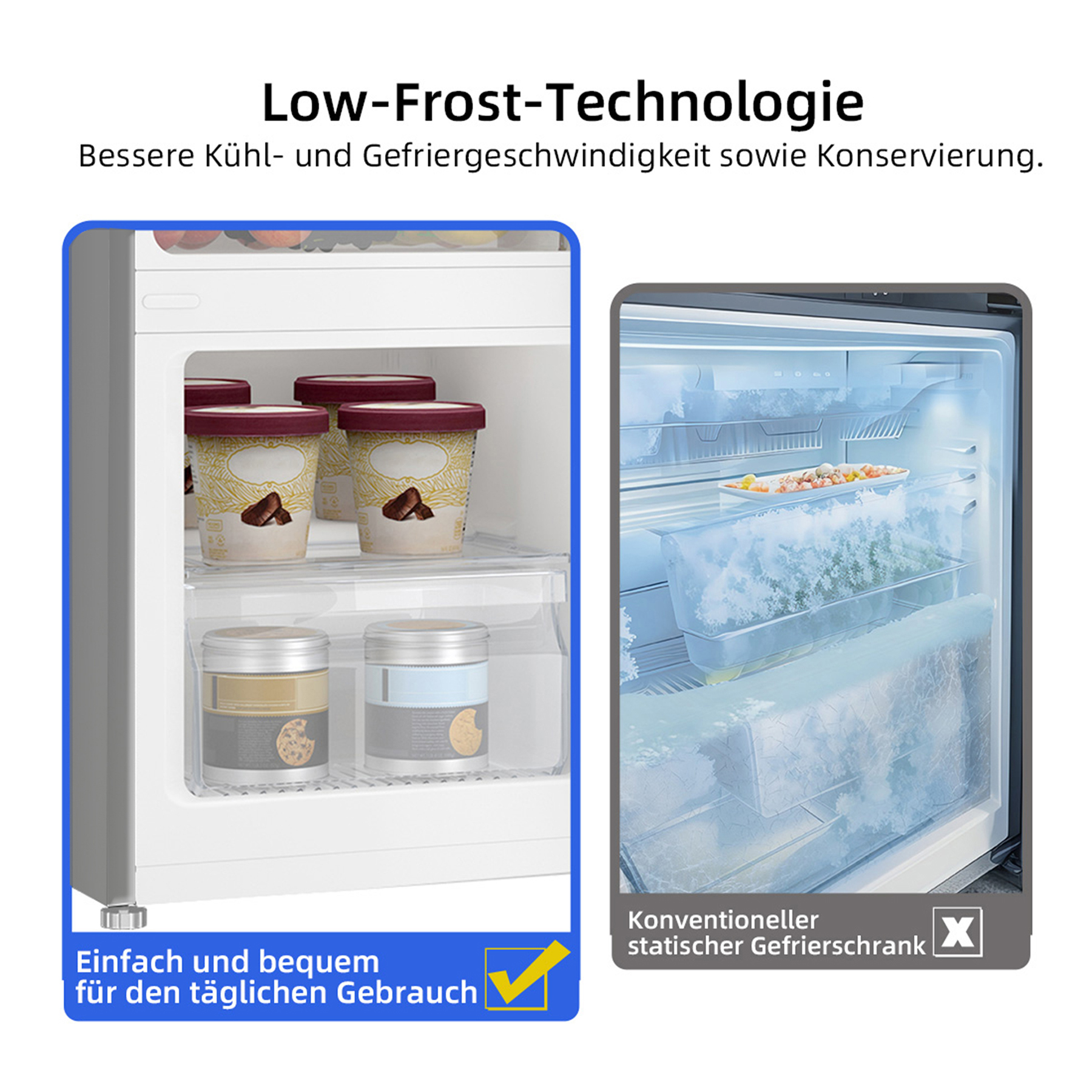 Vergleich von Kühlschrankfächern: Low-Frost mit Eiscreme und Dosen, statischer Gefrierschrank mit Eis.