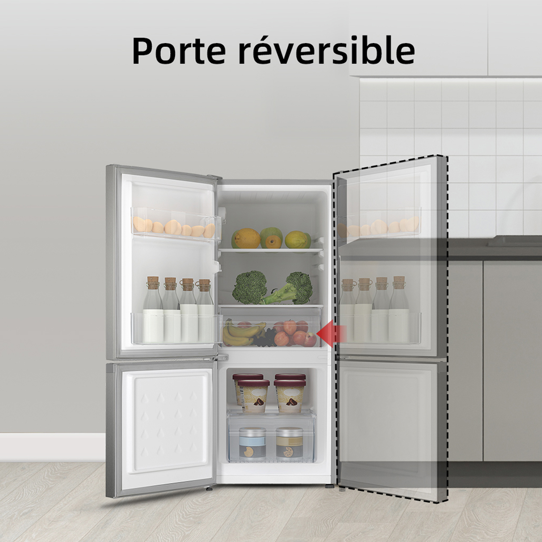 Ein offener Kühlschrank mit Eiern, Flaschen, Obst und Eiscreme.