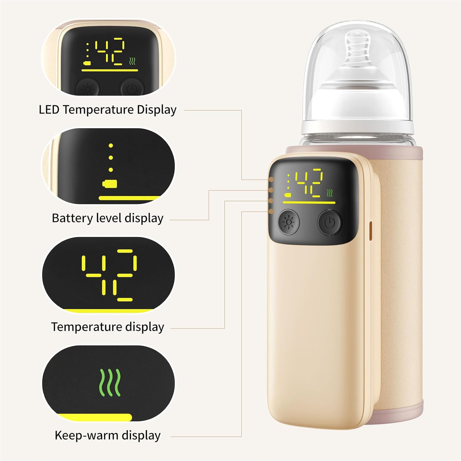 Beige Flaschenwärmer mit LED-Anzeige für Temperatur, Akku und Warmhaltefunktion.