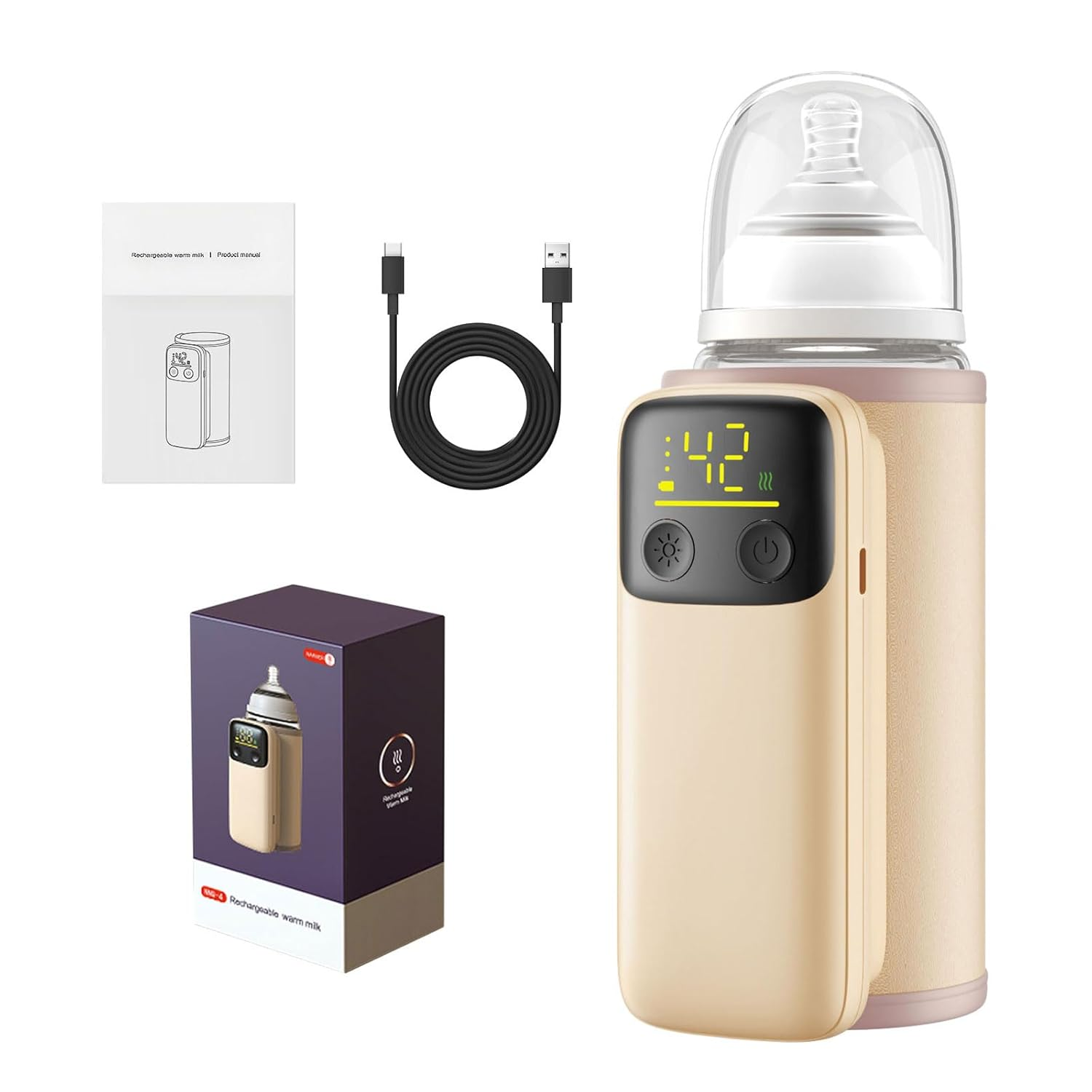 Beige Fläschchenwärmer mit USB-Kabel, Anleitung und Verpackung.