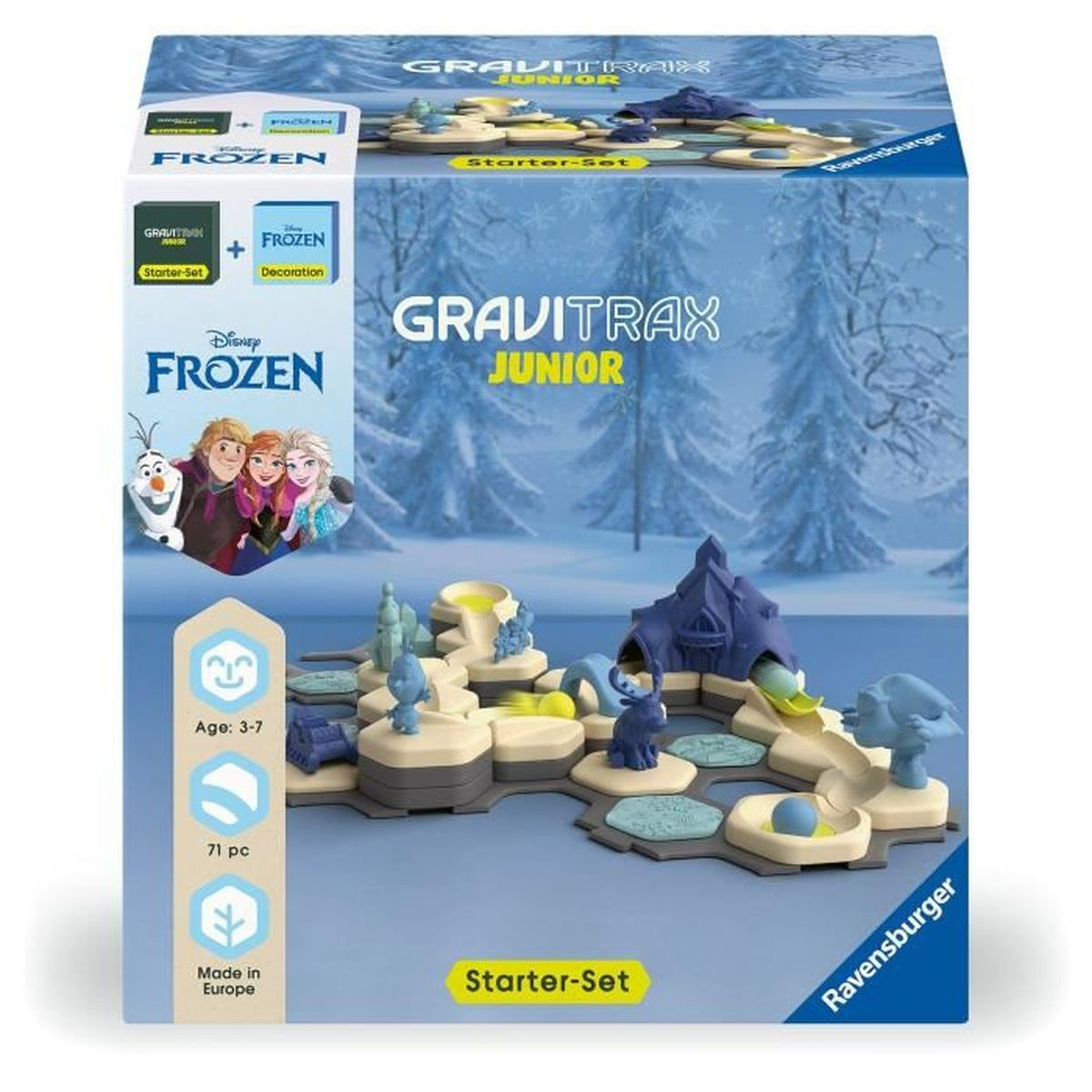 Gravitrax Junior Frozen Starter-Set mit Figuren und Bahnteilen im Schnee.