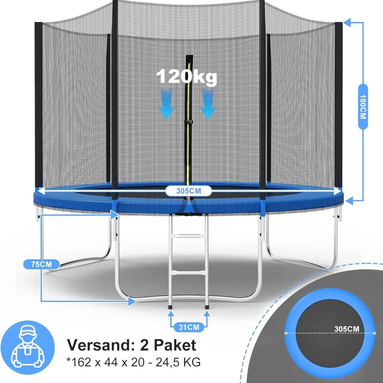 Trampolin mit Sicherheitsnetz, 305cm Durchmesser, 180cm Höhe, 120kg Traglast.