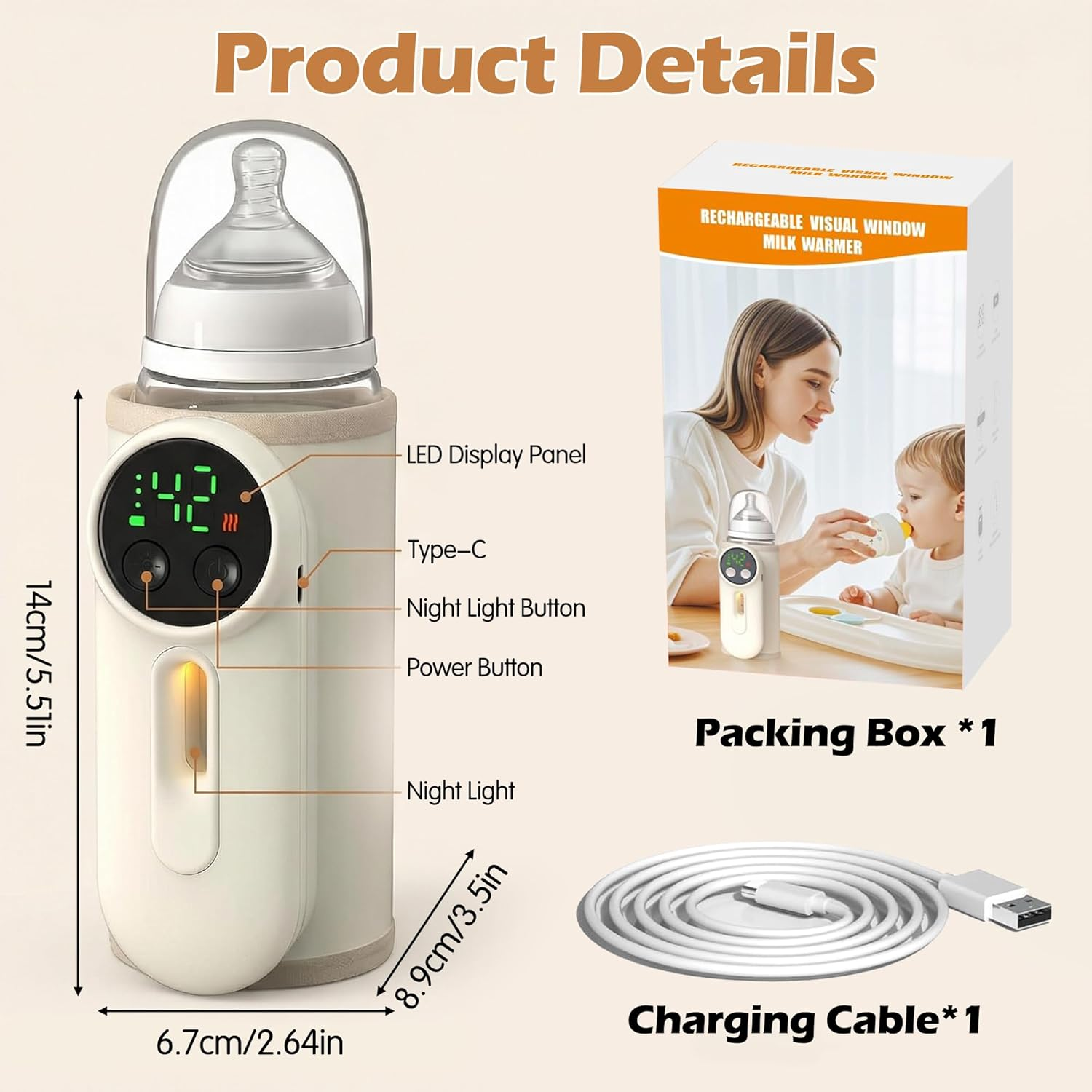 Produktdetails: Ein weißer Babyflaschenwärmer mit LED-Anzeige, Typ-C-Anschluss und Nachtlicht. Inklusive Karton und Kabel.