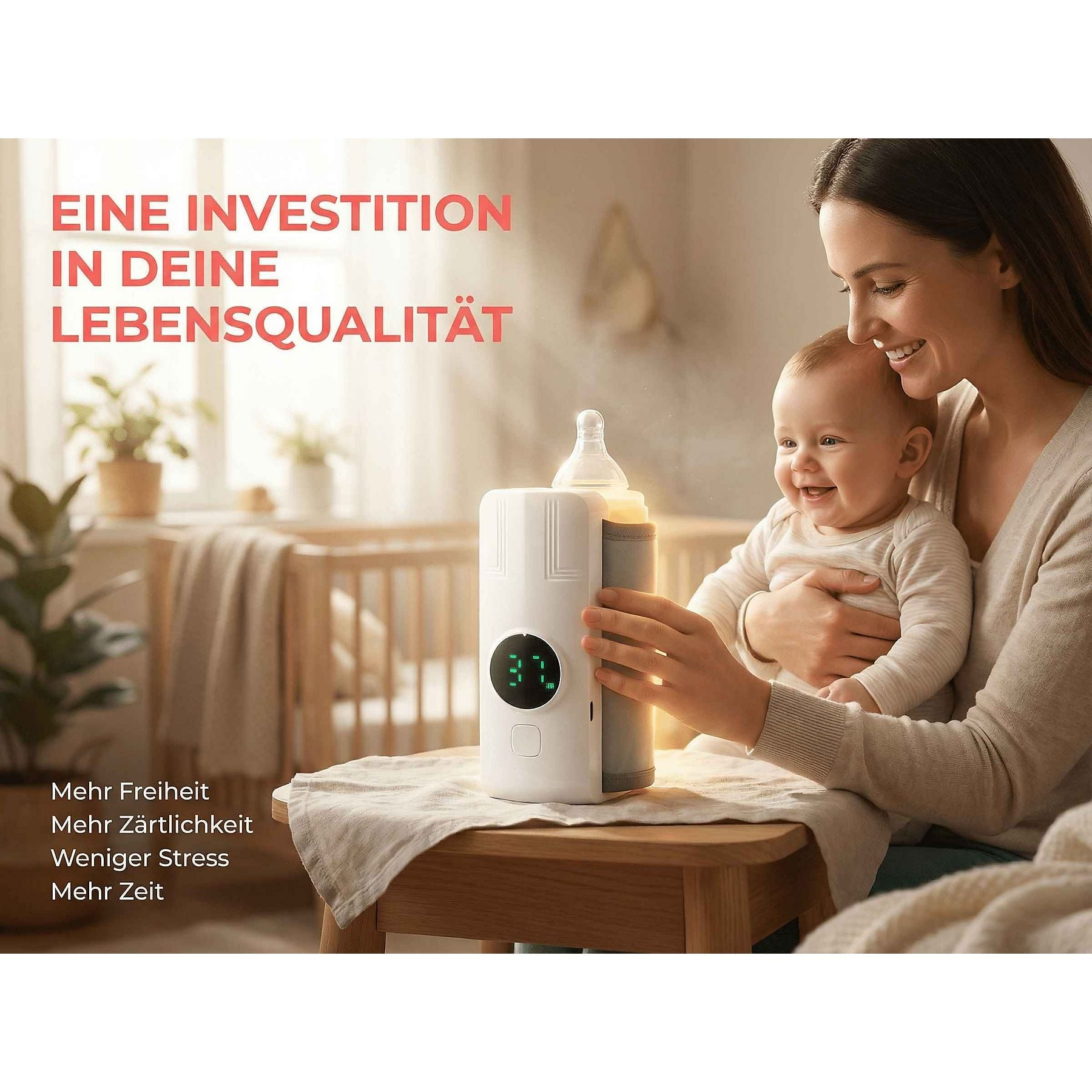 Eine Mutter hält ihr Baby, daneben ein Flaschenwärmer.