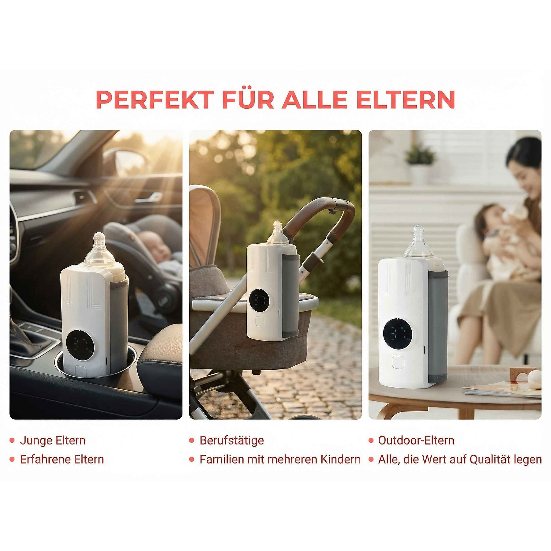 Ein Flaschenwärmer in drei Szenarien: im Auto, am Kinderwagen und zu Hause.